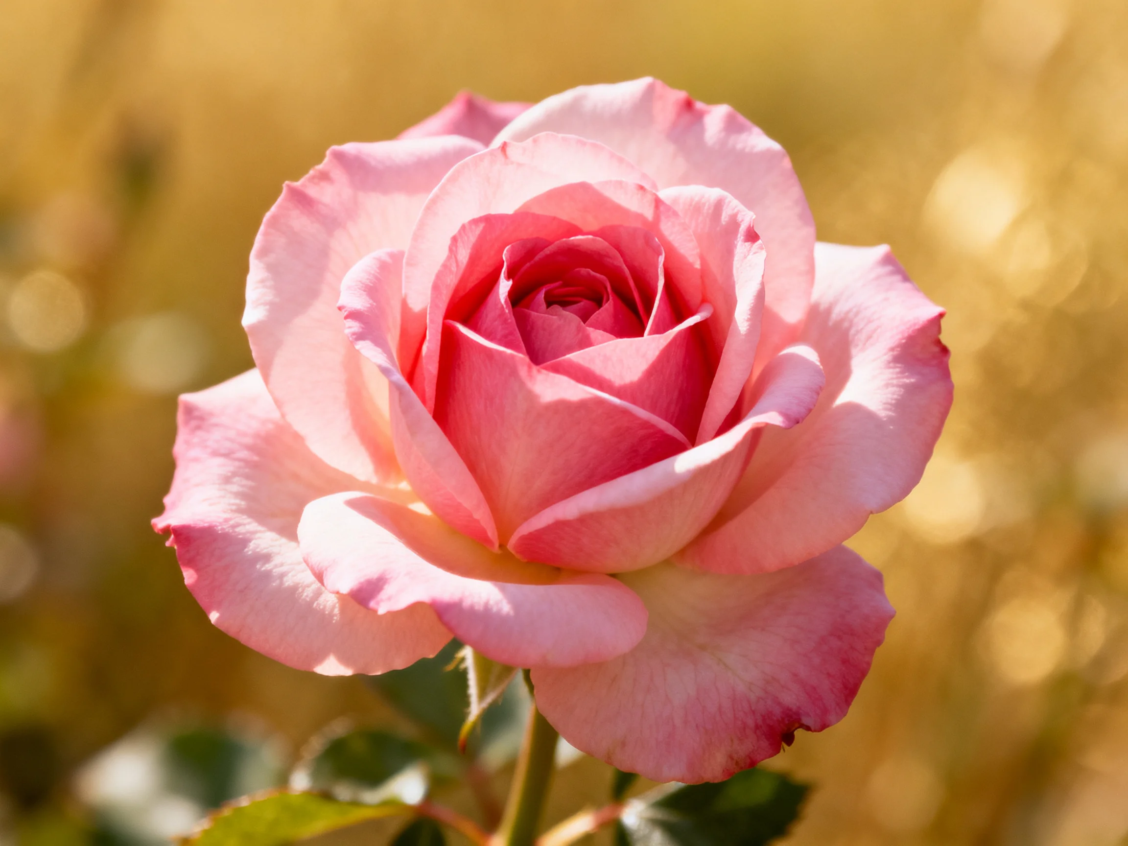 A fully bloomed soft pink rose with layered petals against a golden bokeh background