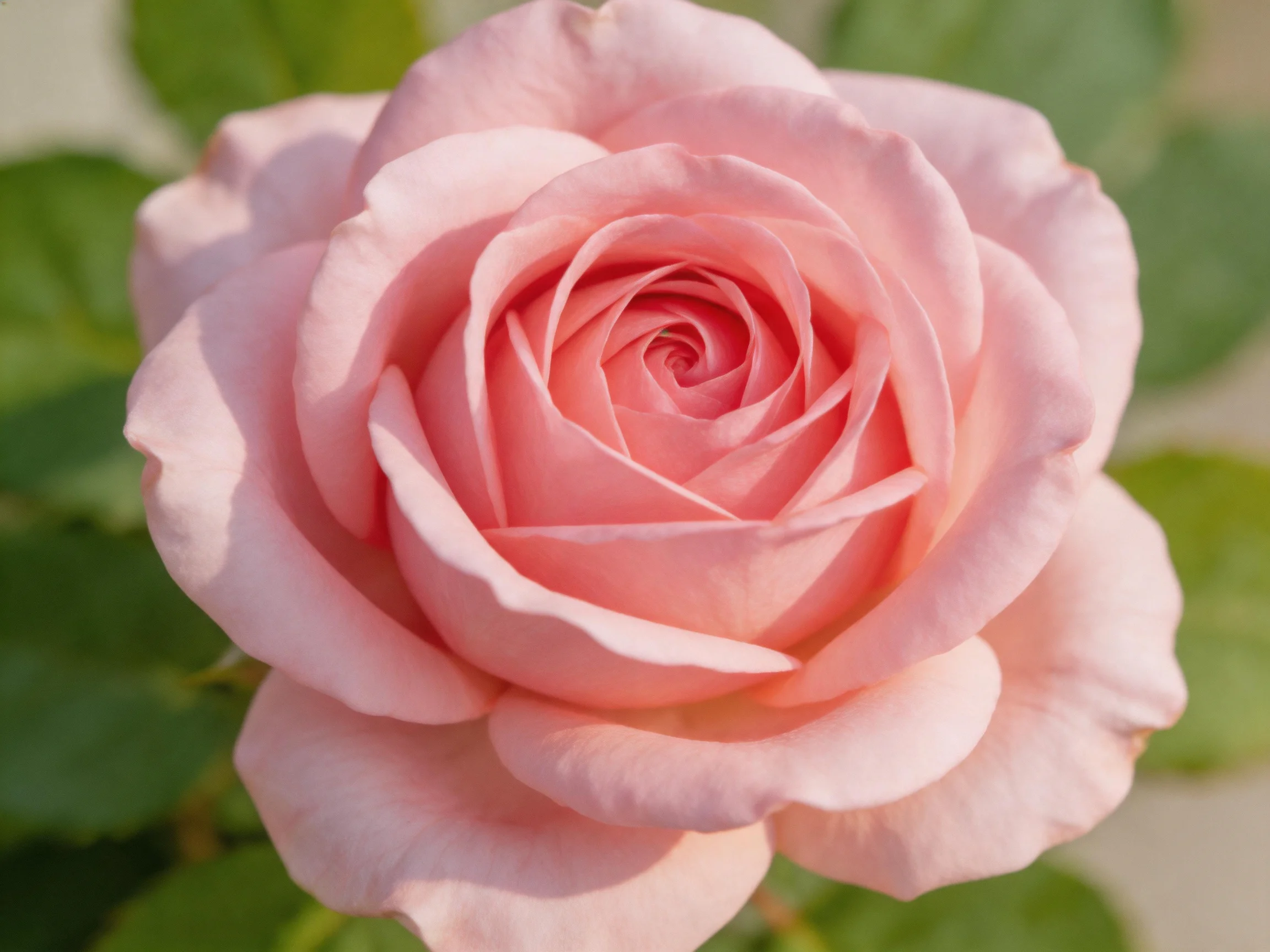 A fully bloomed soft pink rose with layered petals and green foliage