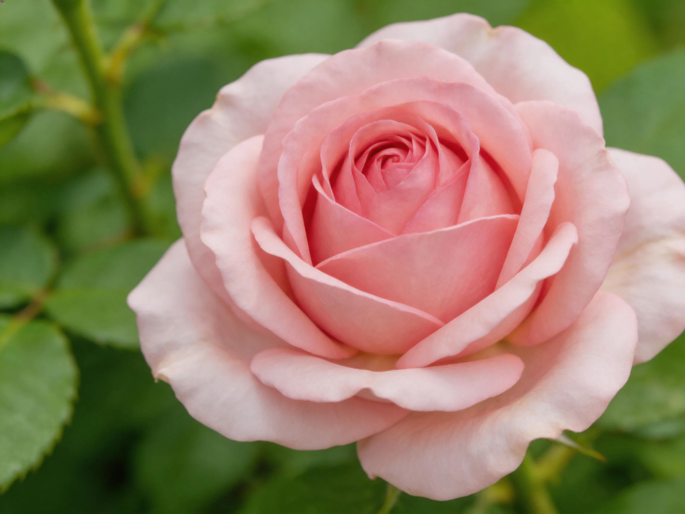 A fully bloomed soft pink rose with layered petals