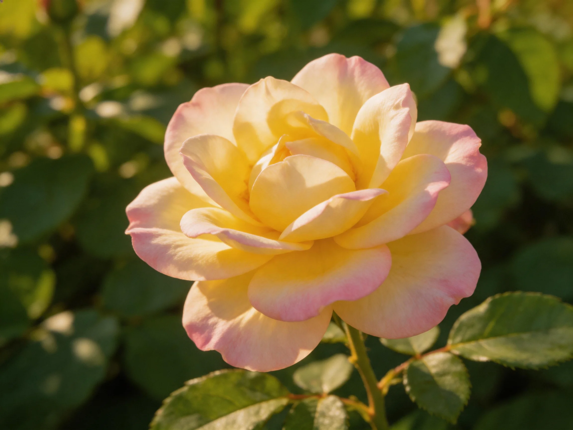 A fully bloomed yellow-pink rose with lush green foliage