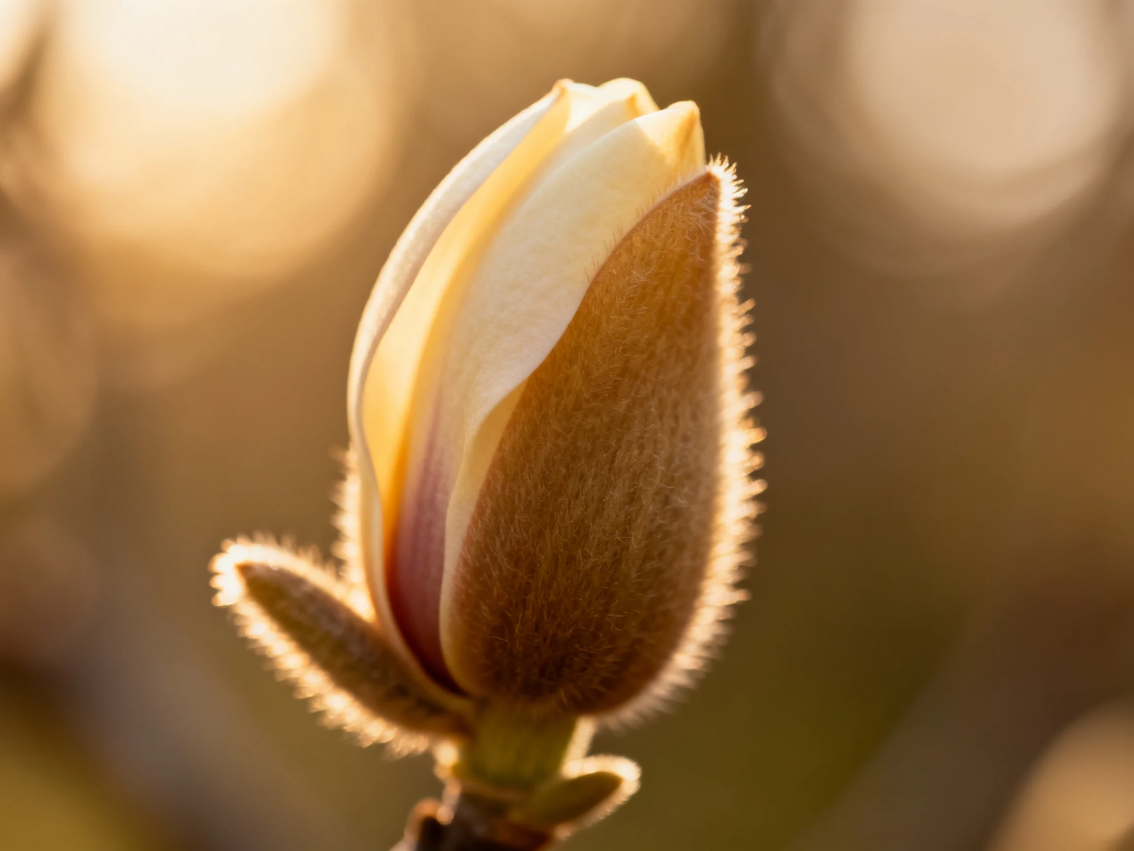 A fuzzy magnolia bud with cream and brown hues in soft golden light
