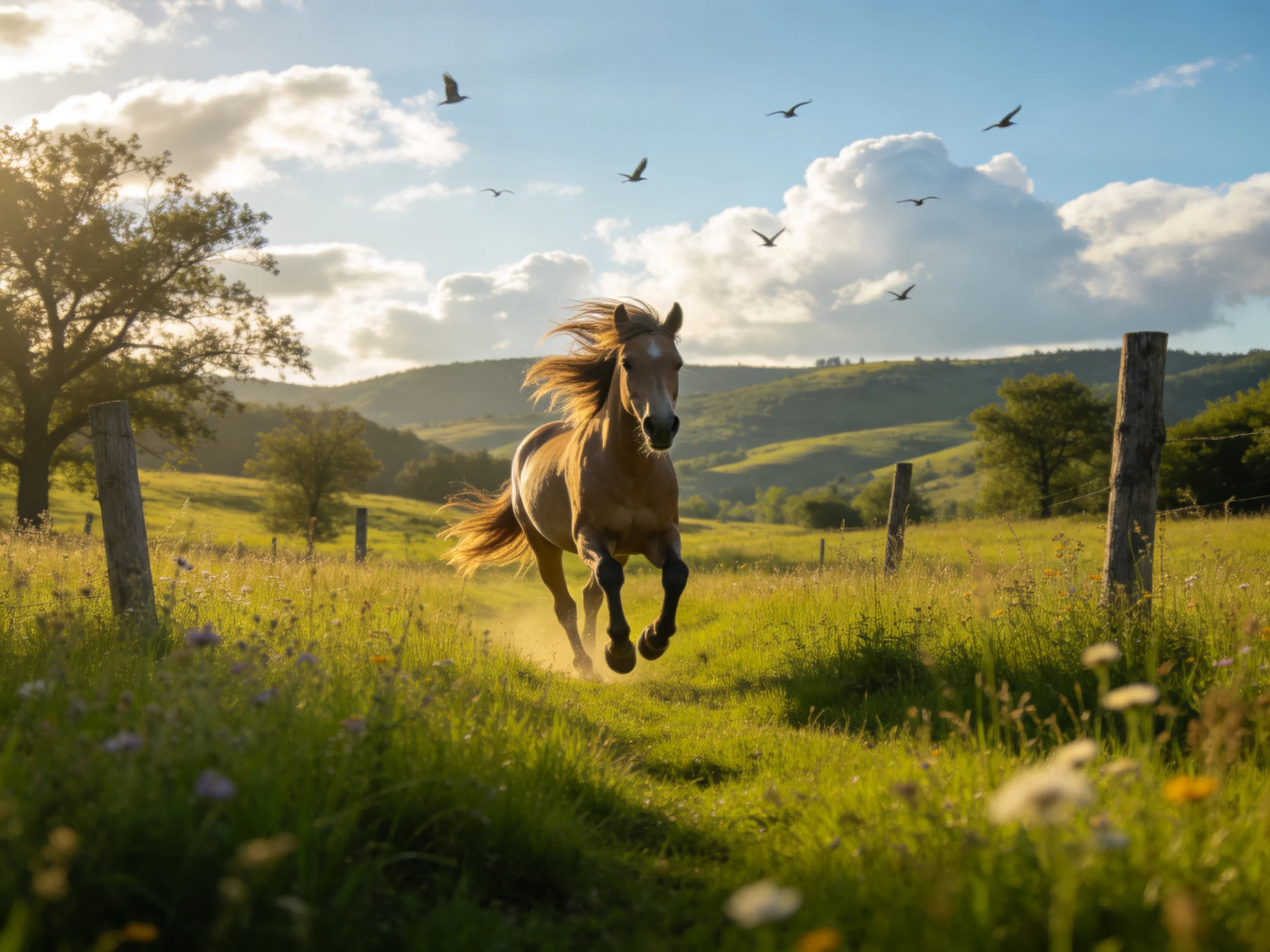 A galloping chestnut horse in a sunlit meadow with rolling hills
