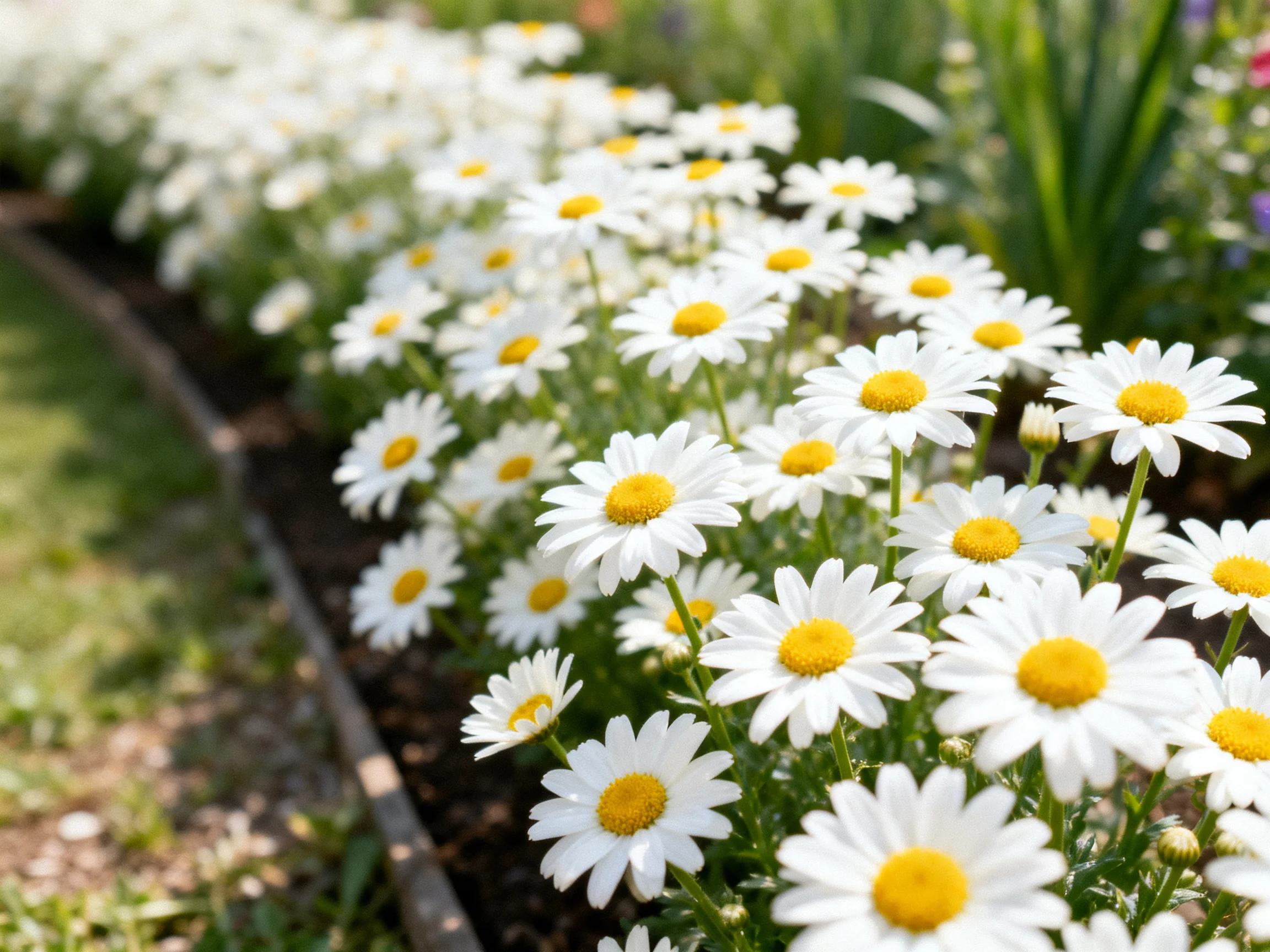 A garden bed filled with numerous white daisies with bright yellow centers