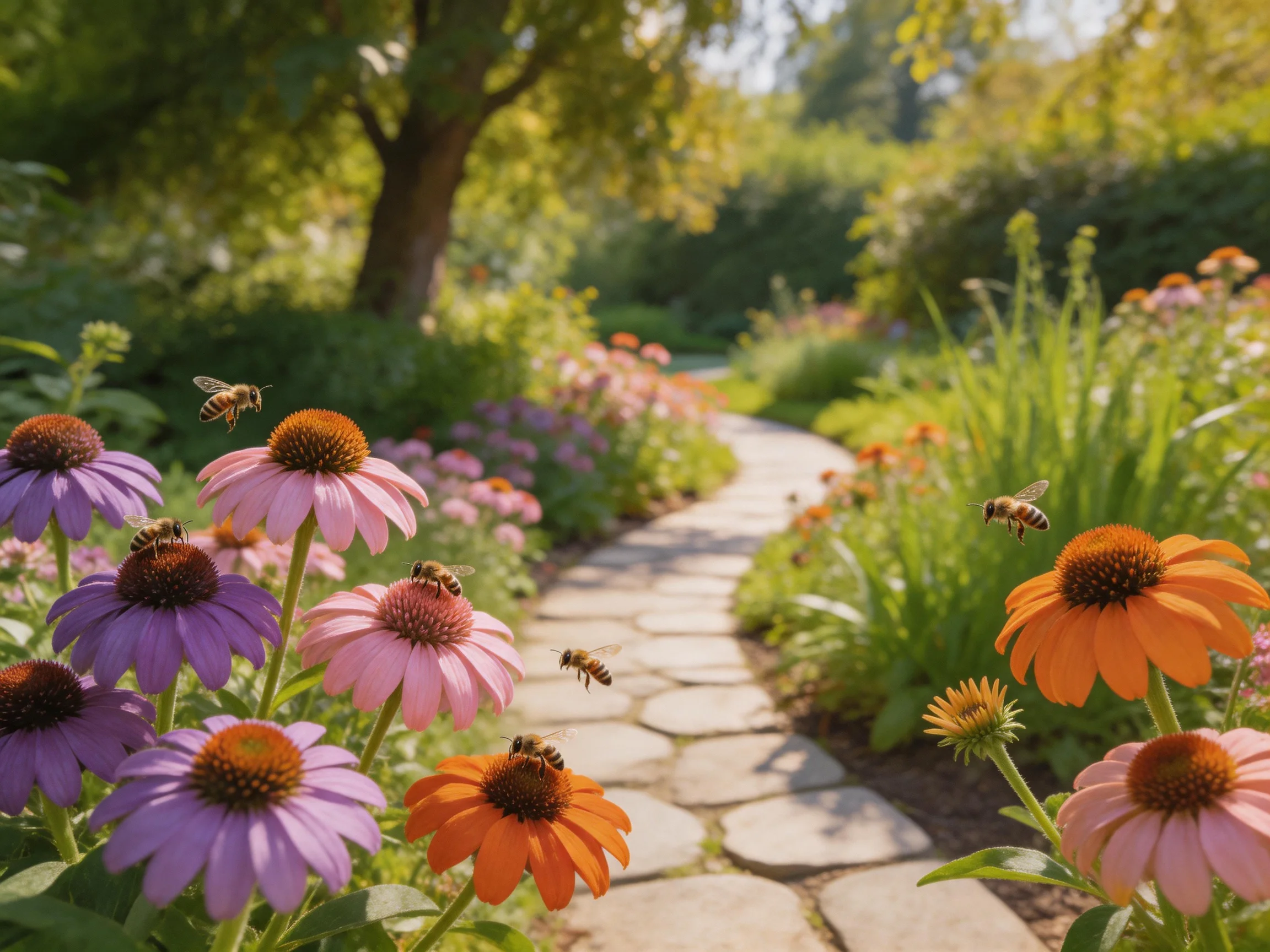 A garden path lined with colorful coneflower blooms and flying bees
