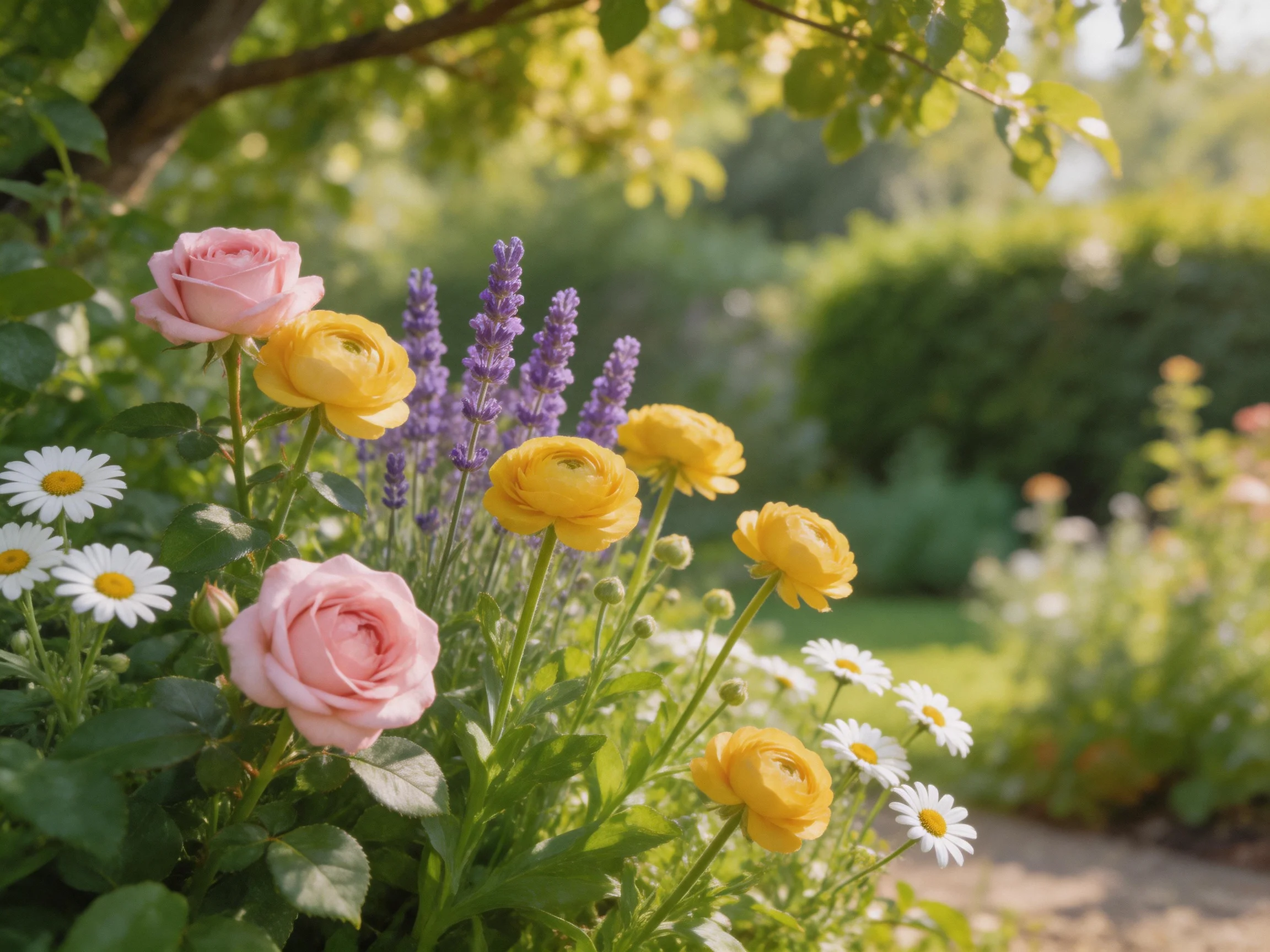 A garden with pink roses, yellow ranunculus, white daisies, and purple lavender