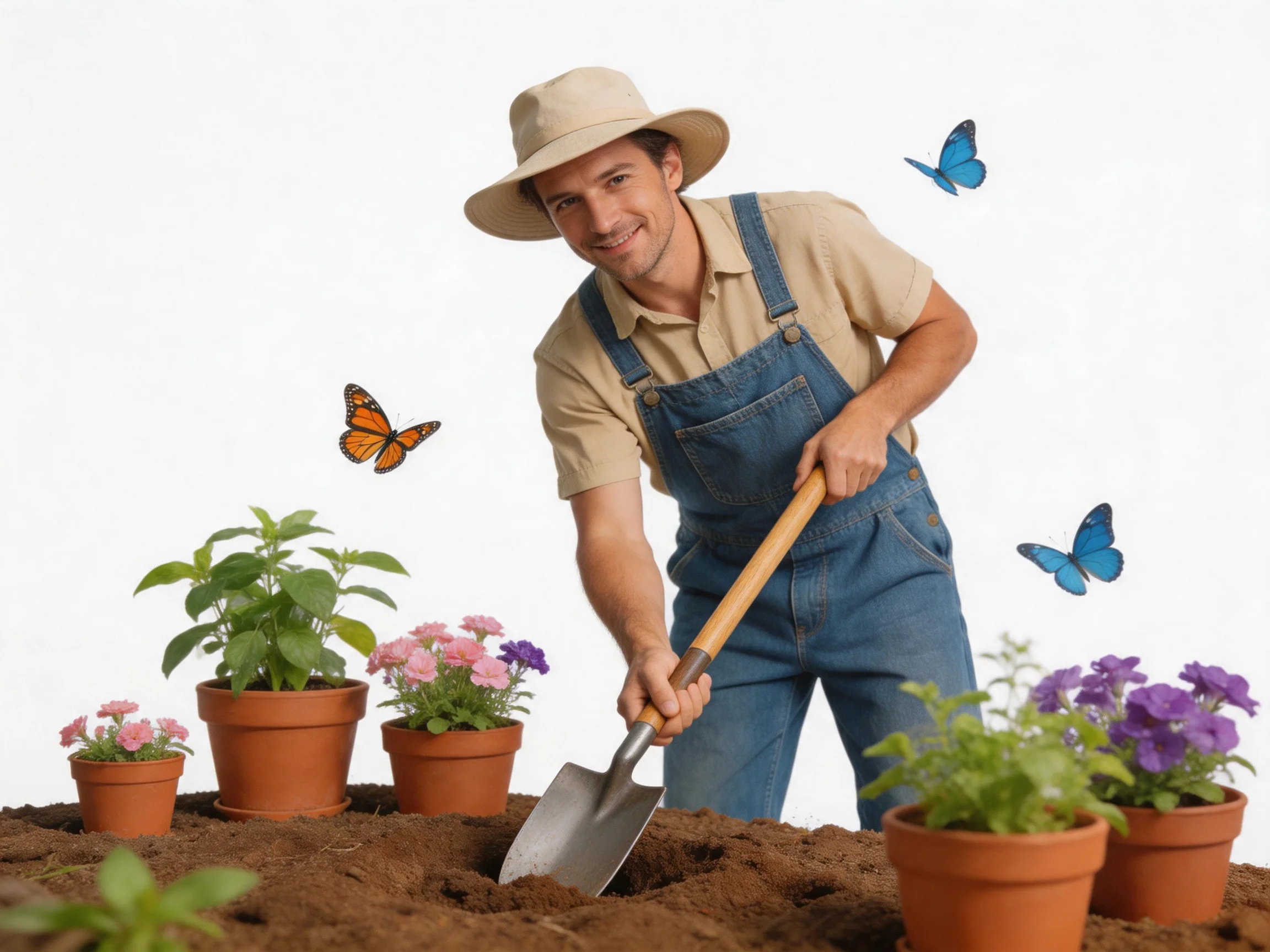 A gardener in blue overalls tends soil near colorful potted flowers and butterflies