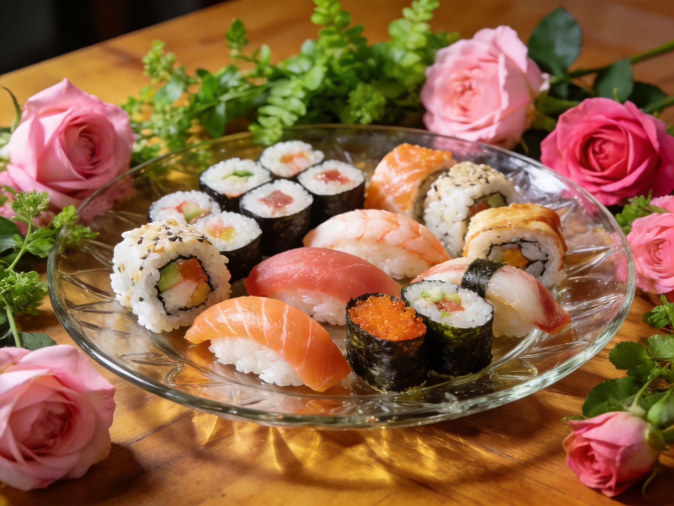 A glass dish of assorted sushi with pink roses and greenery