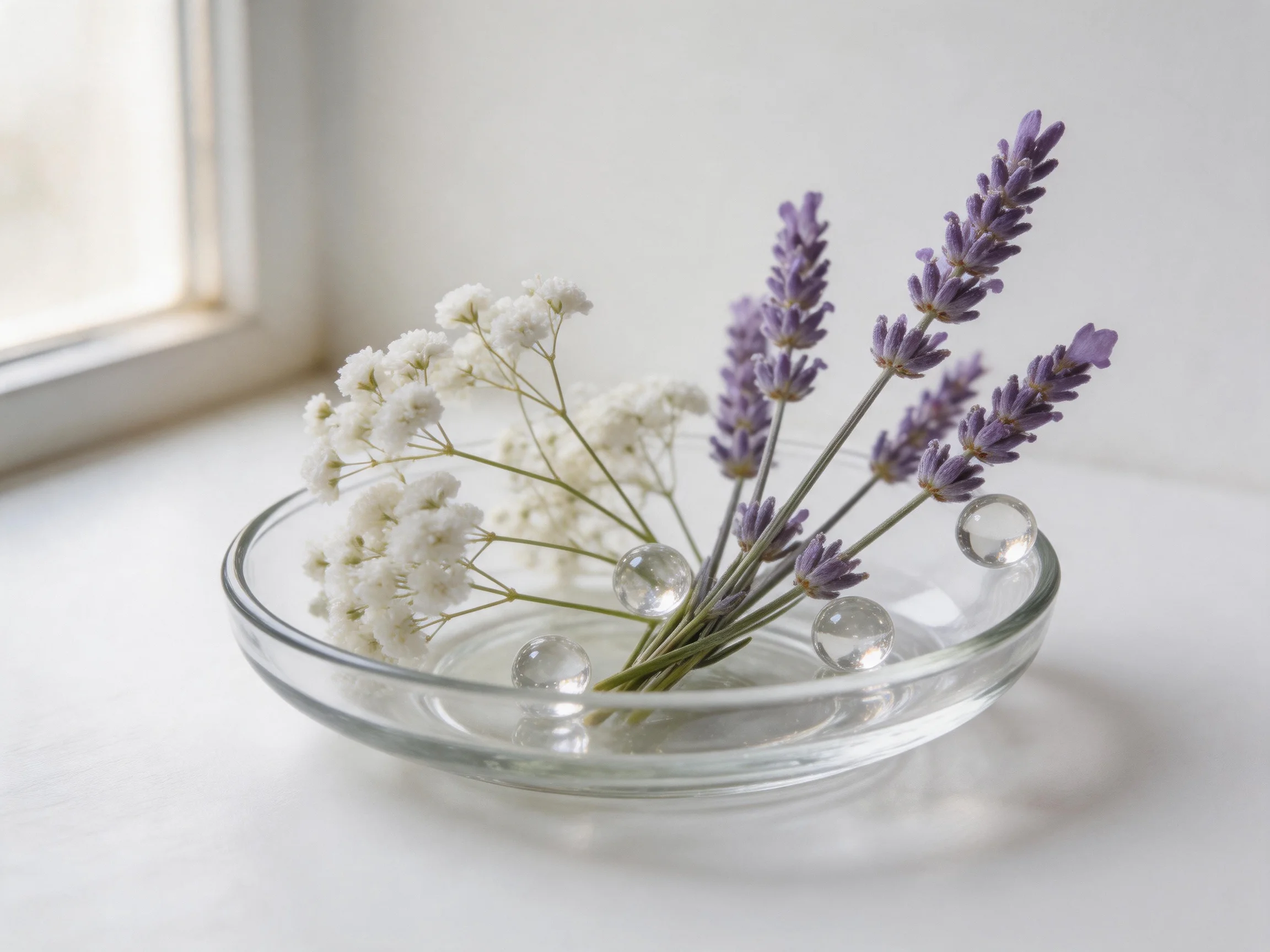 A glass dish showcases white and purple flowers with clear spheres