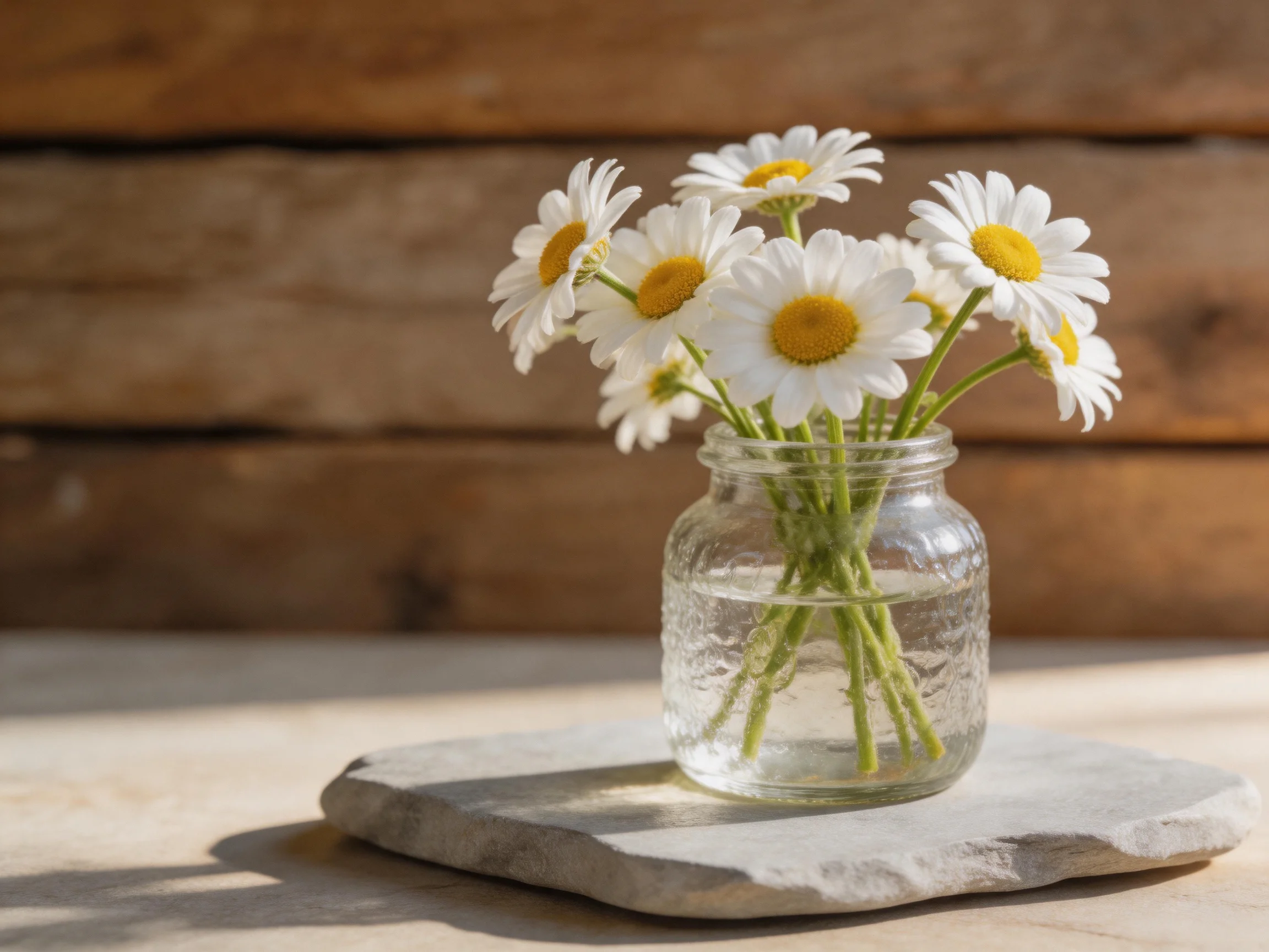 A glass jar holds white daisies with yellow centers on a stone slab