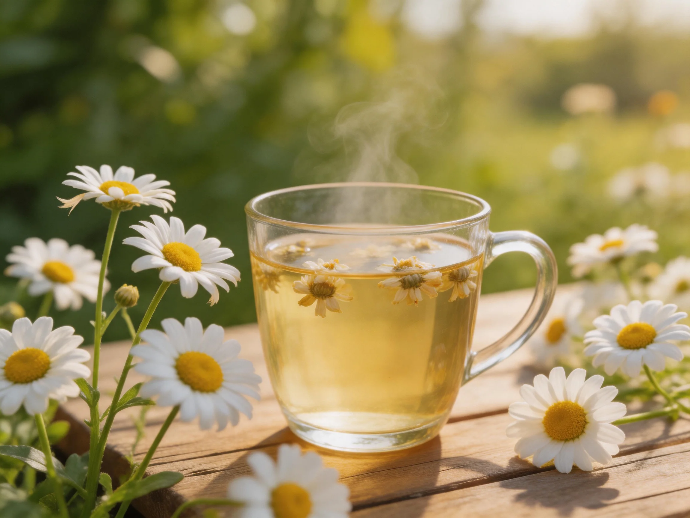 A glass mug of chamomile tea surrounded by white daisies