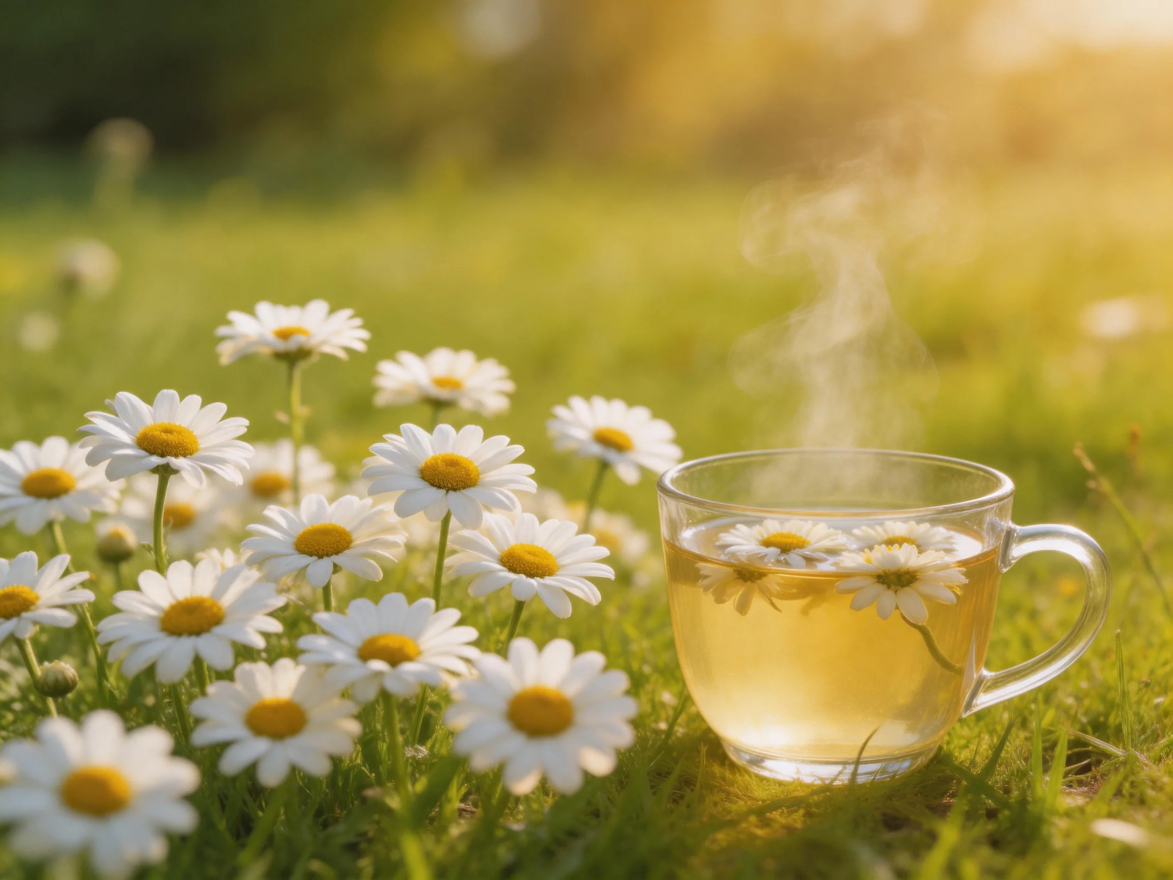 A glass mug with chamomile tea beside white daisies in a sunlit meadow