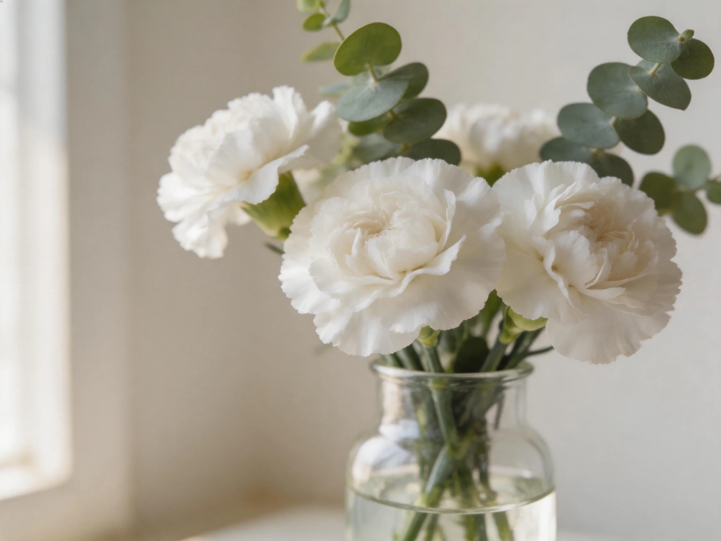 A glass vase contains white carnations and eucalyptus leaves