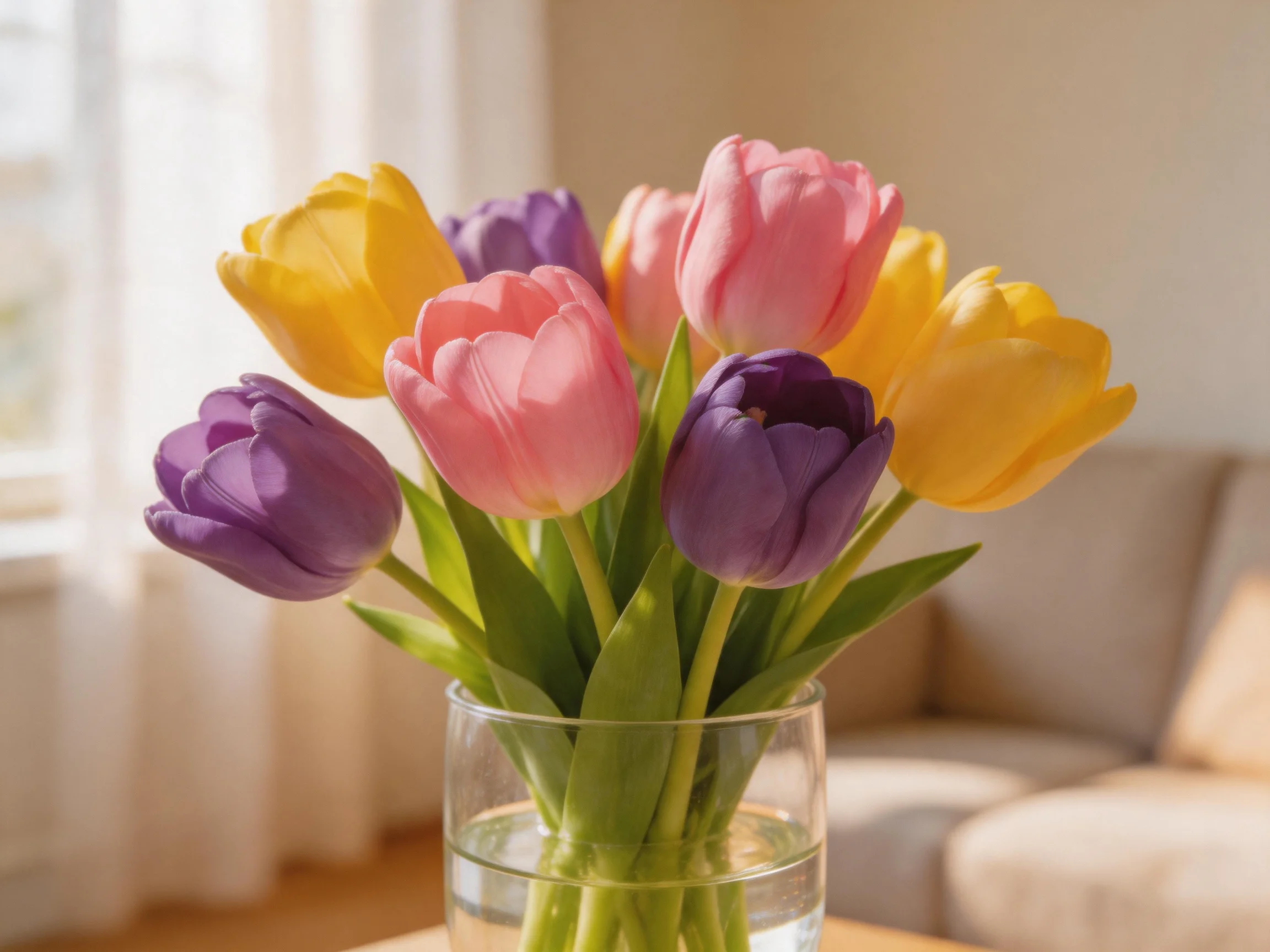 A glass vase holds abouquet of colorful tulips in yellow, pink, and purple