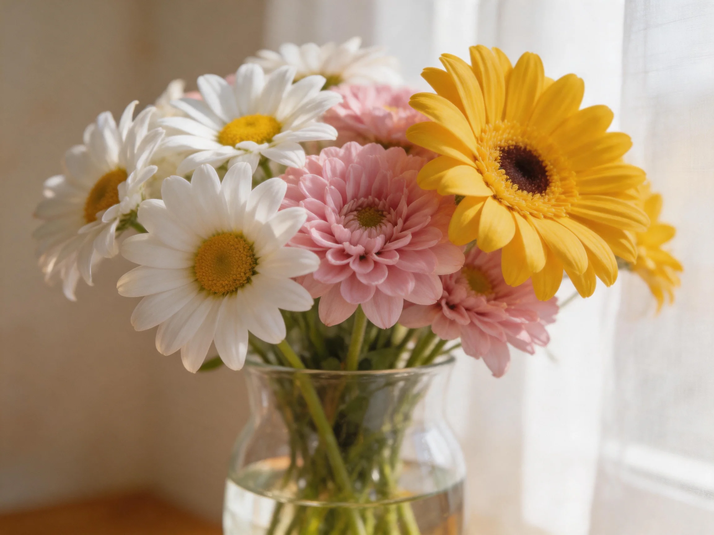 A glass vase holds assorted colored daisies by a sunlit window