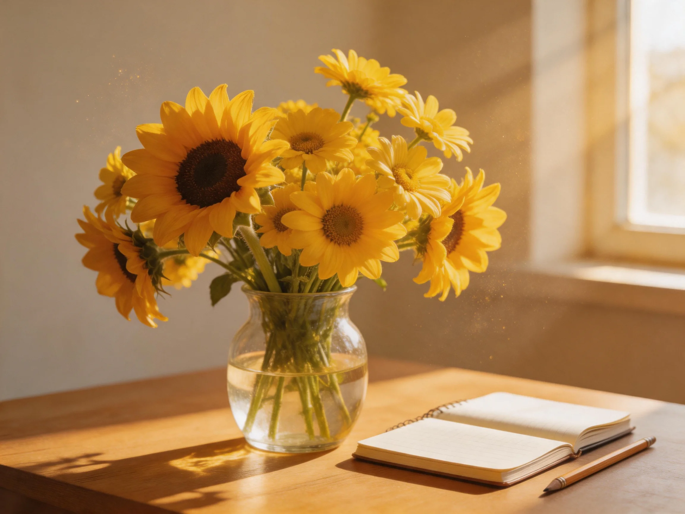 A glass vase holds bright yellow sunflowers beside an open notebook