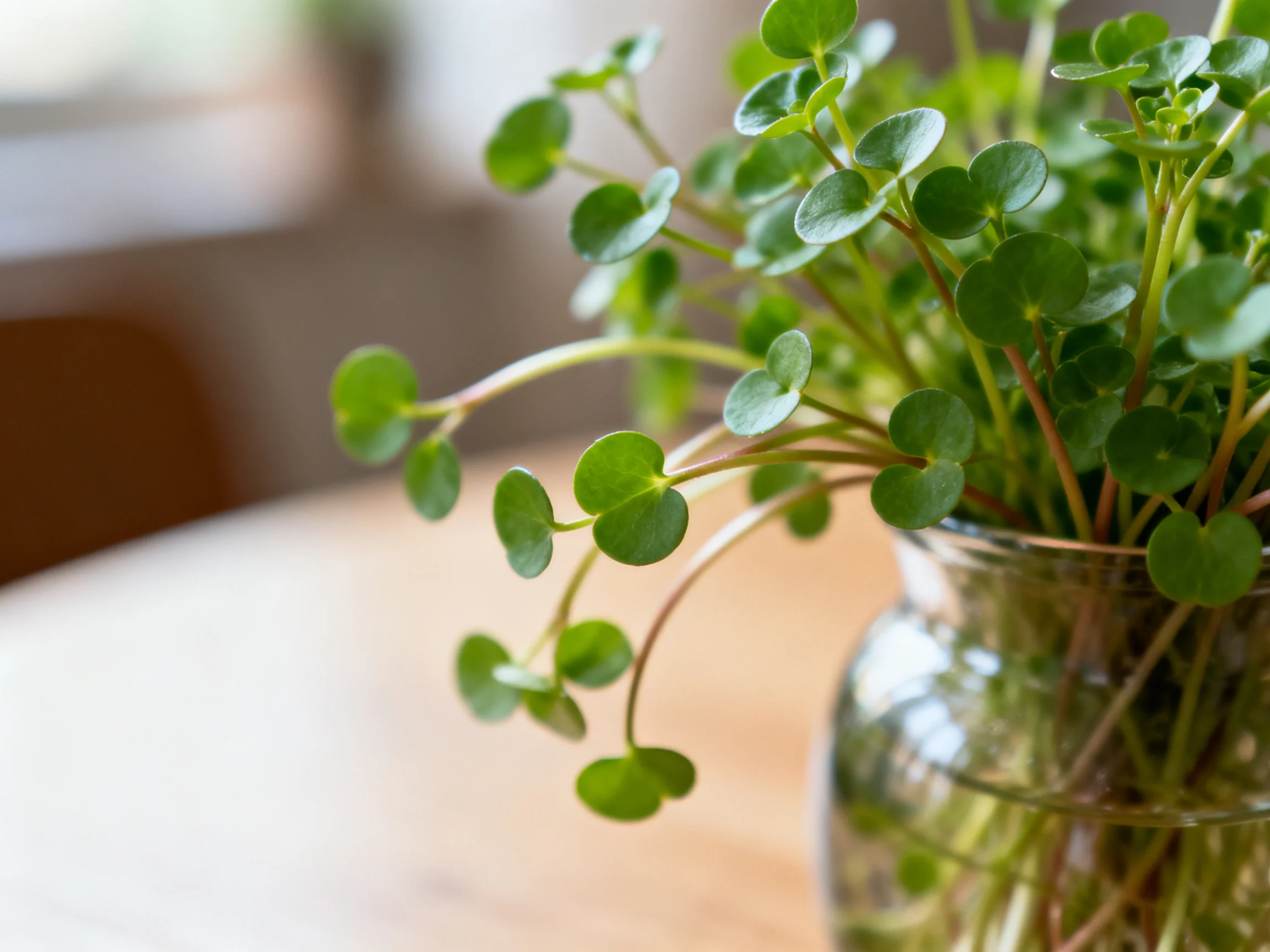 A glass vase holds vibrant round-leaved greenery on a wooden table