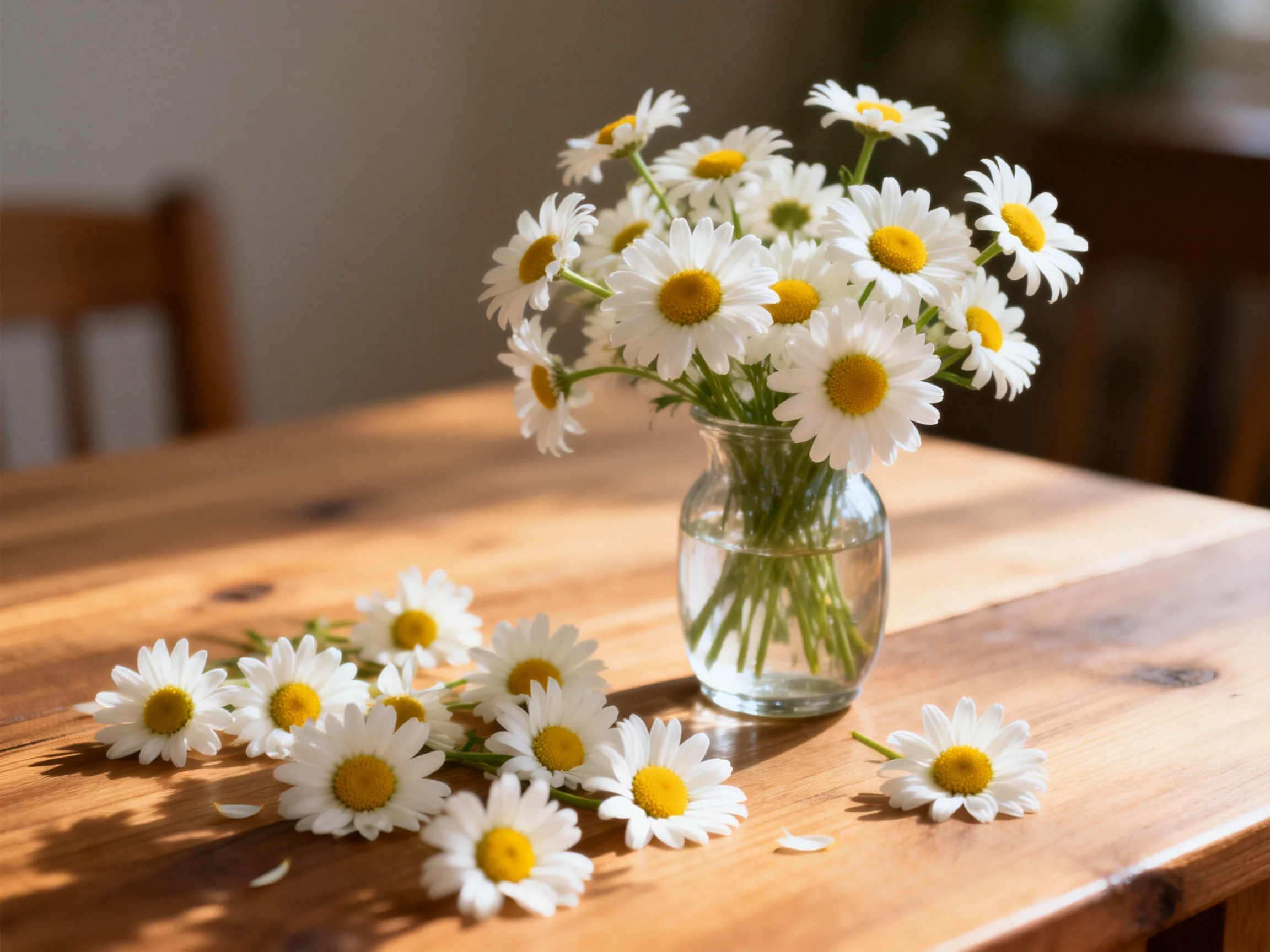 A glass vase holds white daisies on a wooden table with scattered blooms
