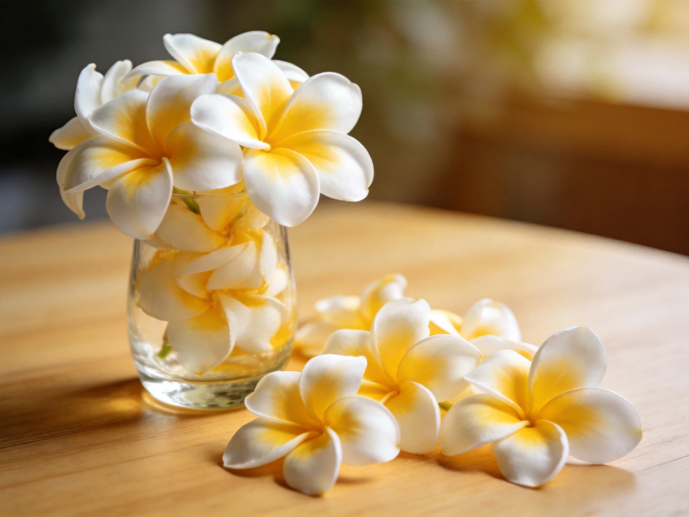 A glass vase holds white-yellow plumerias on a wooden table