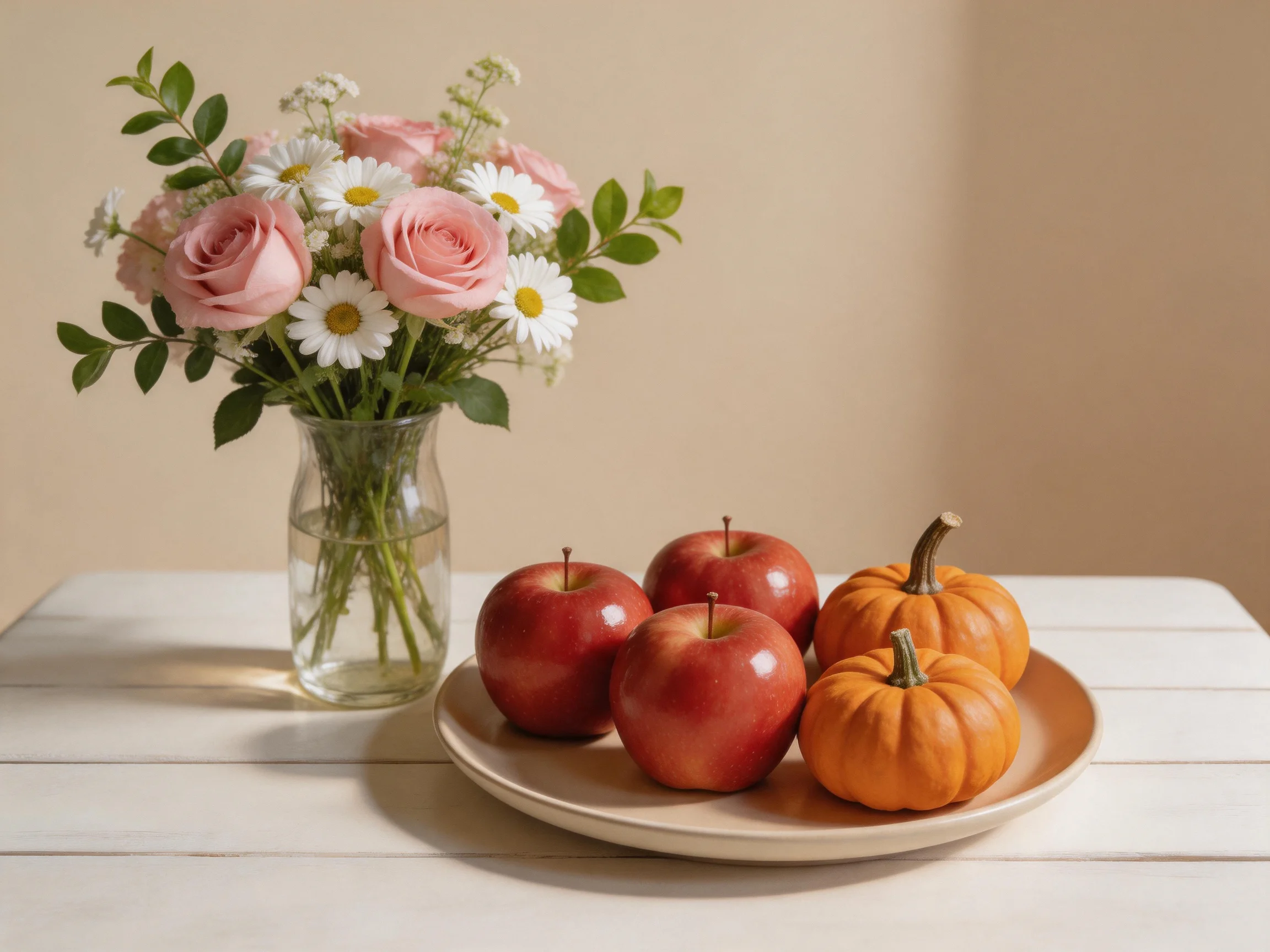 A glass vase with pink roses, white daisies, three red apples, and two orange pumpkins