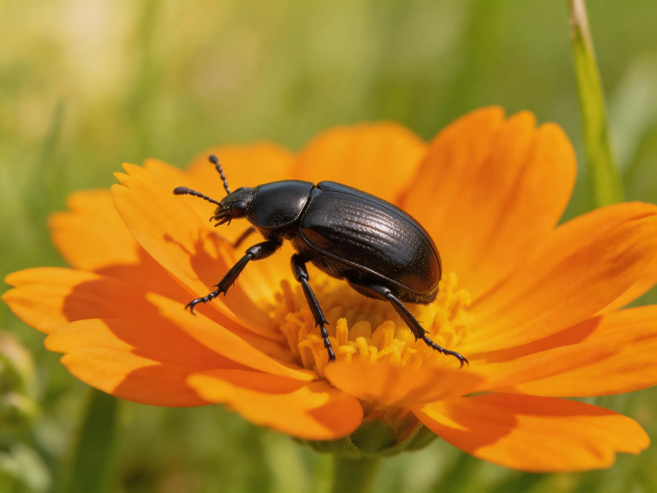 A glossy black beetle rests on a bright orange flower