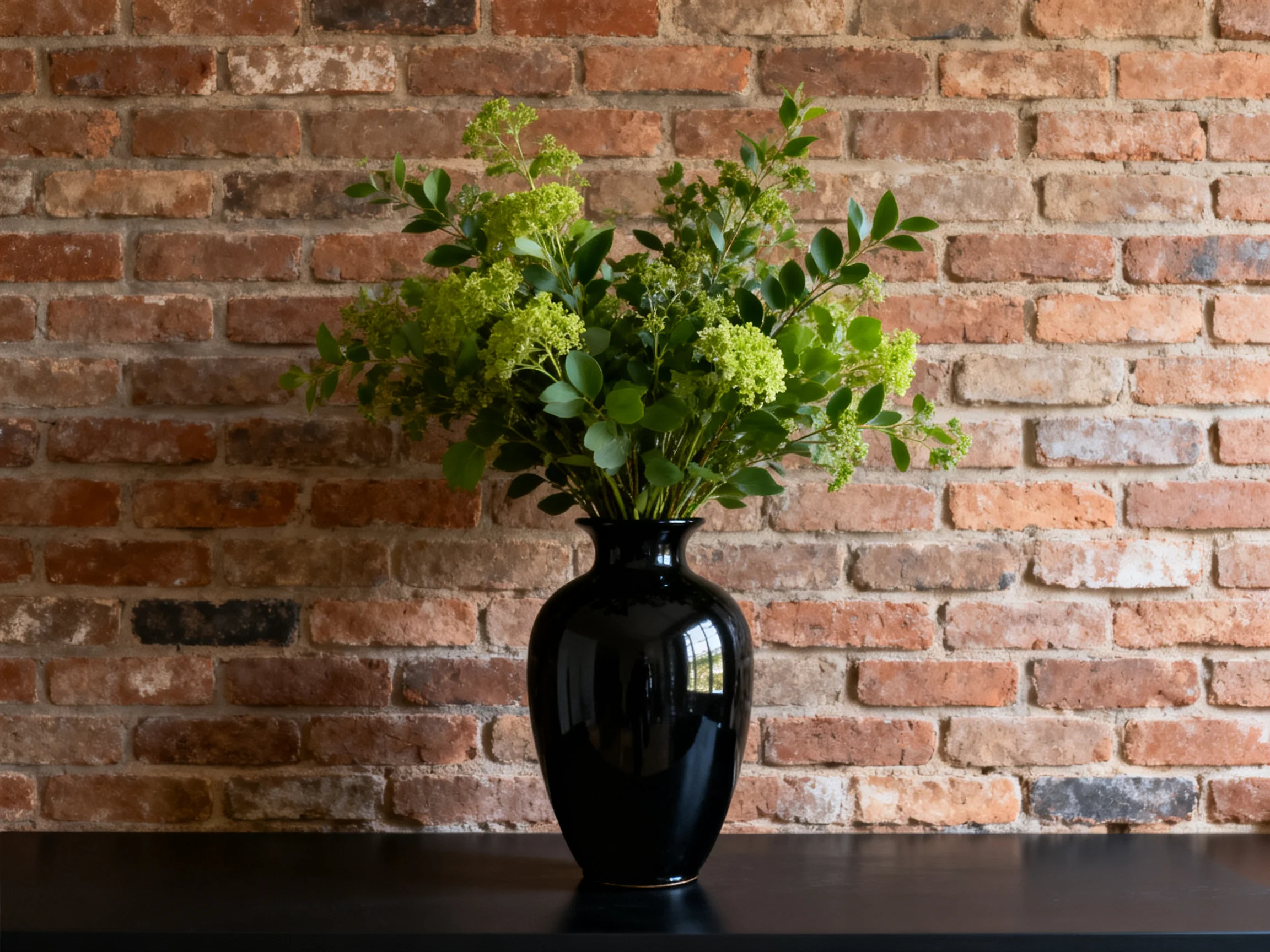 A glossy black vase displays vibrant green floral arrangements beside an aged brick wall