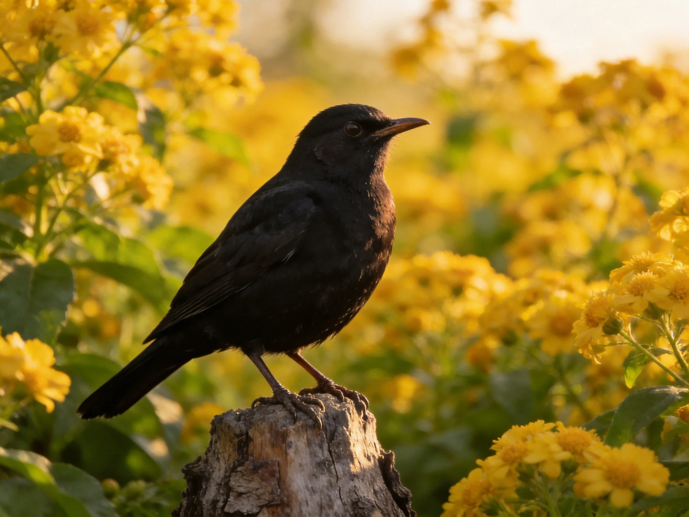 A glossy blackbird perches on a weathered tree stump amid abundant yellow flowers