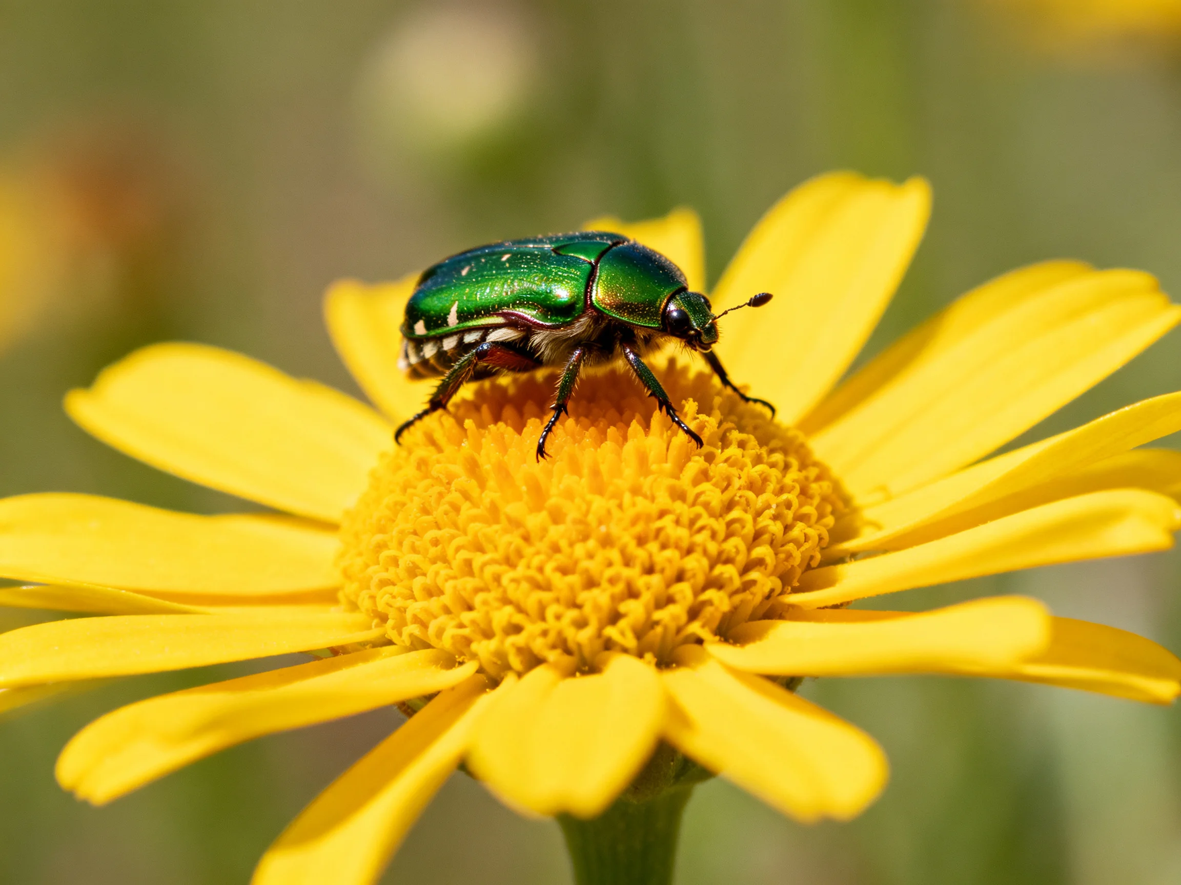 A glossy green beetle perches on a bright yellow flower