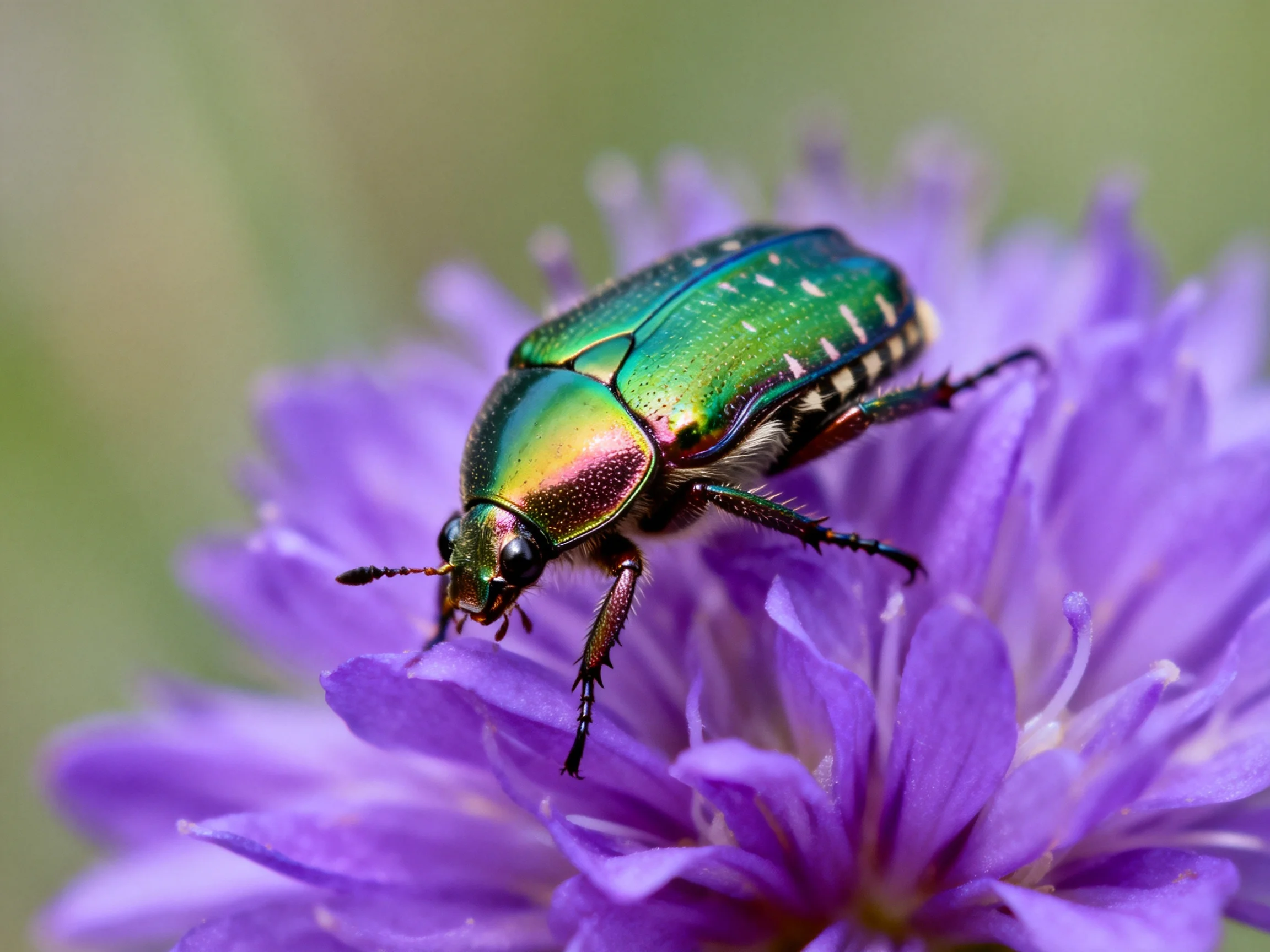 A glossy green beetle rests on a cluster of purple blooms