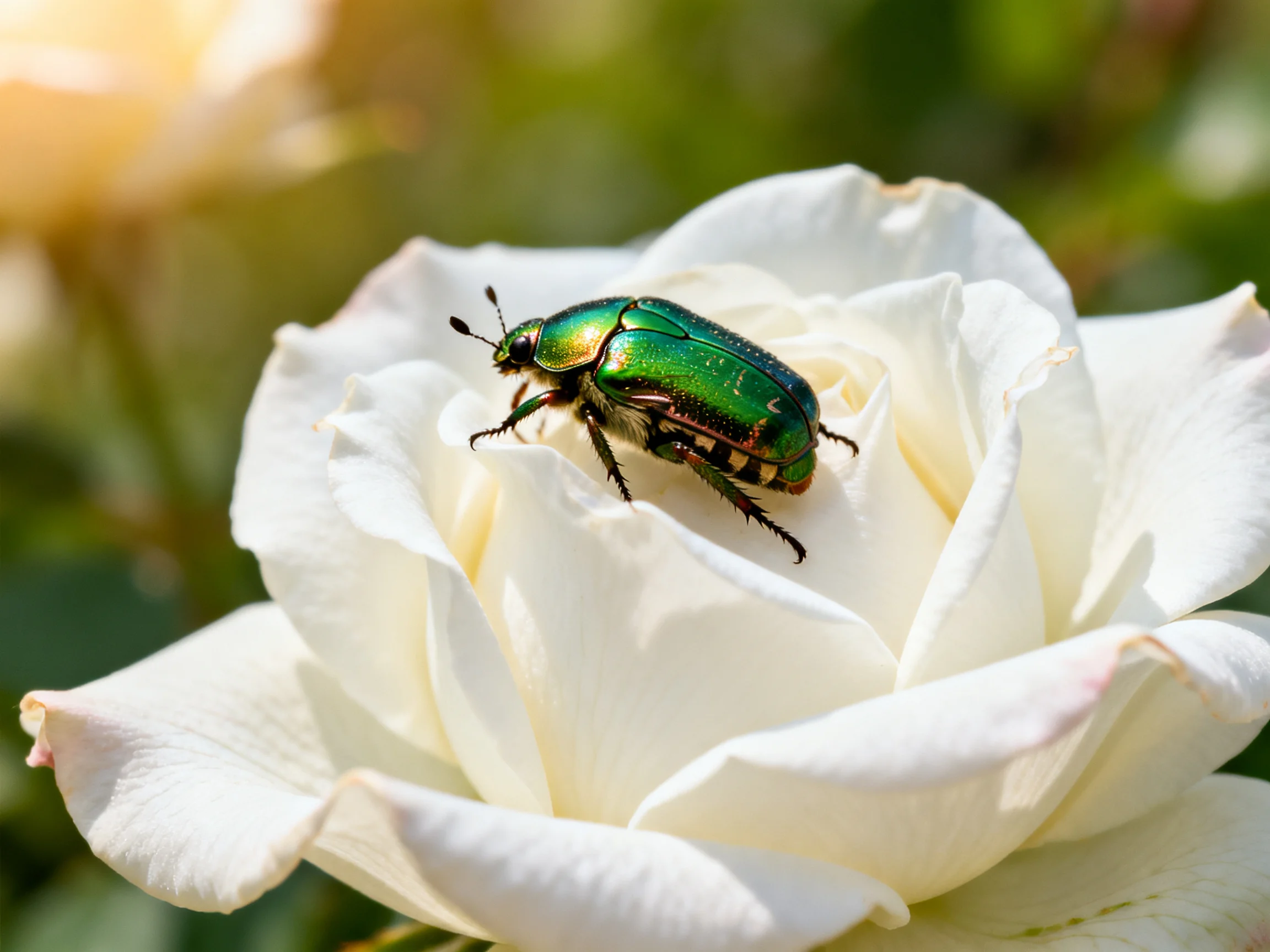 A glossy green beetle rests on a large white rose