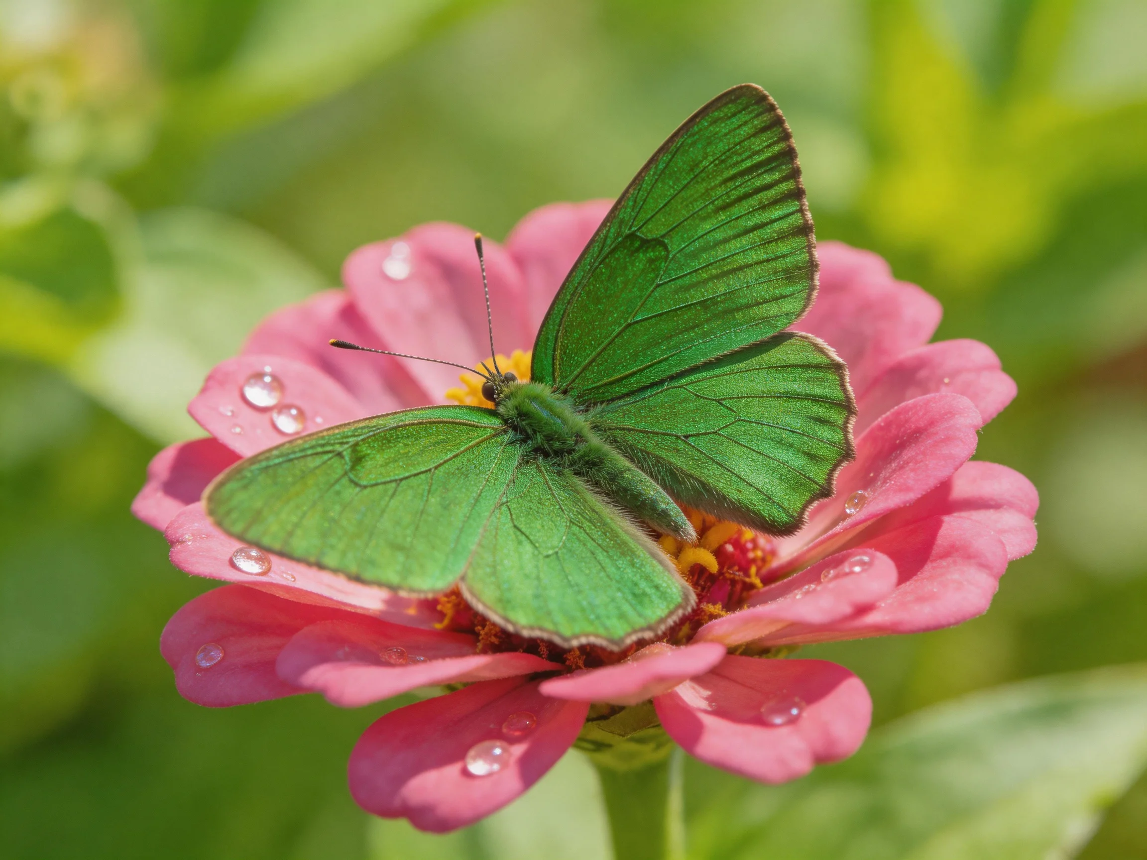 A glossy green butterfly rests on a pink flower with water droplets