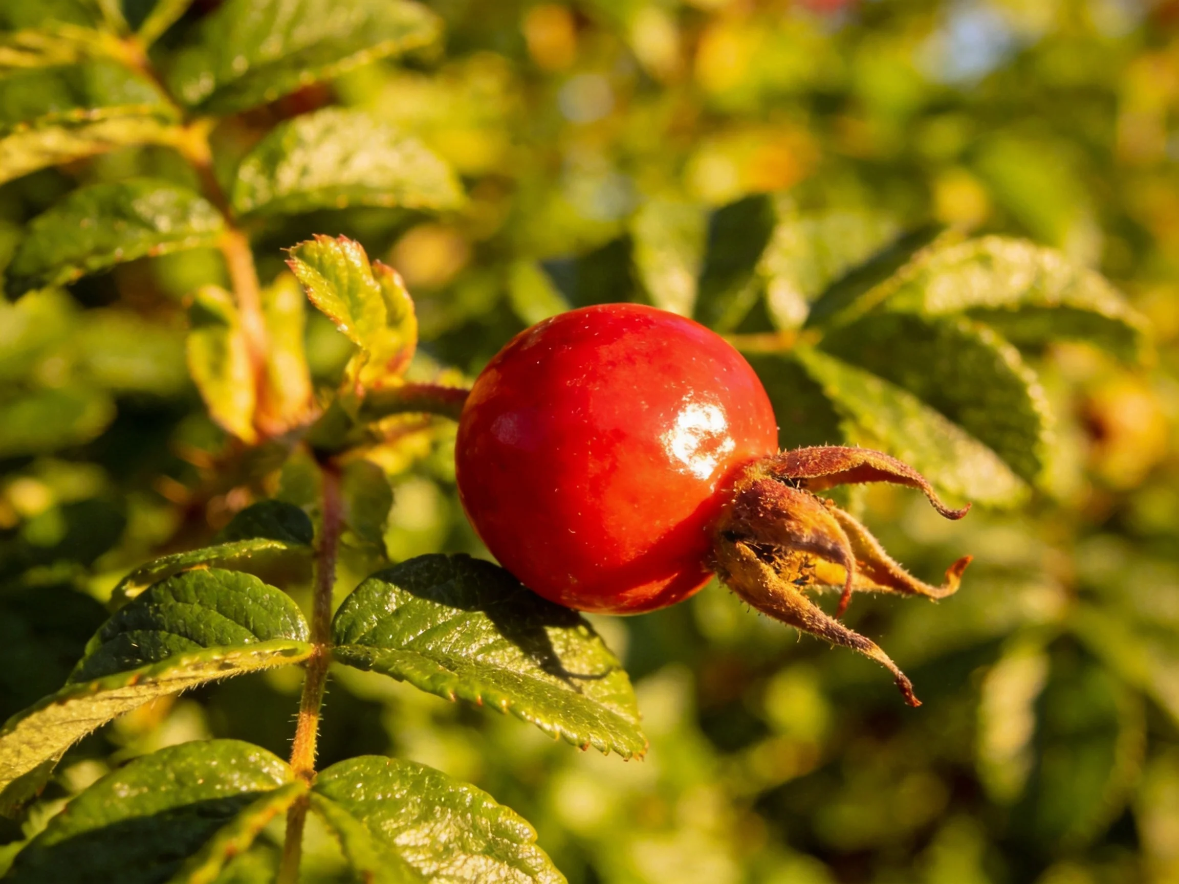 A glossy red rose hip amidst lush green foliage in sunlight