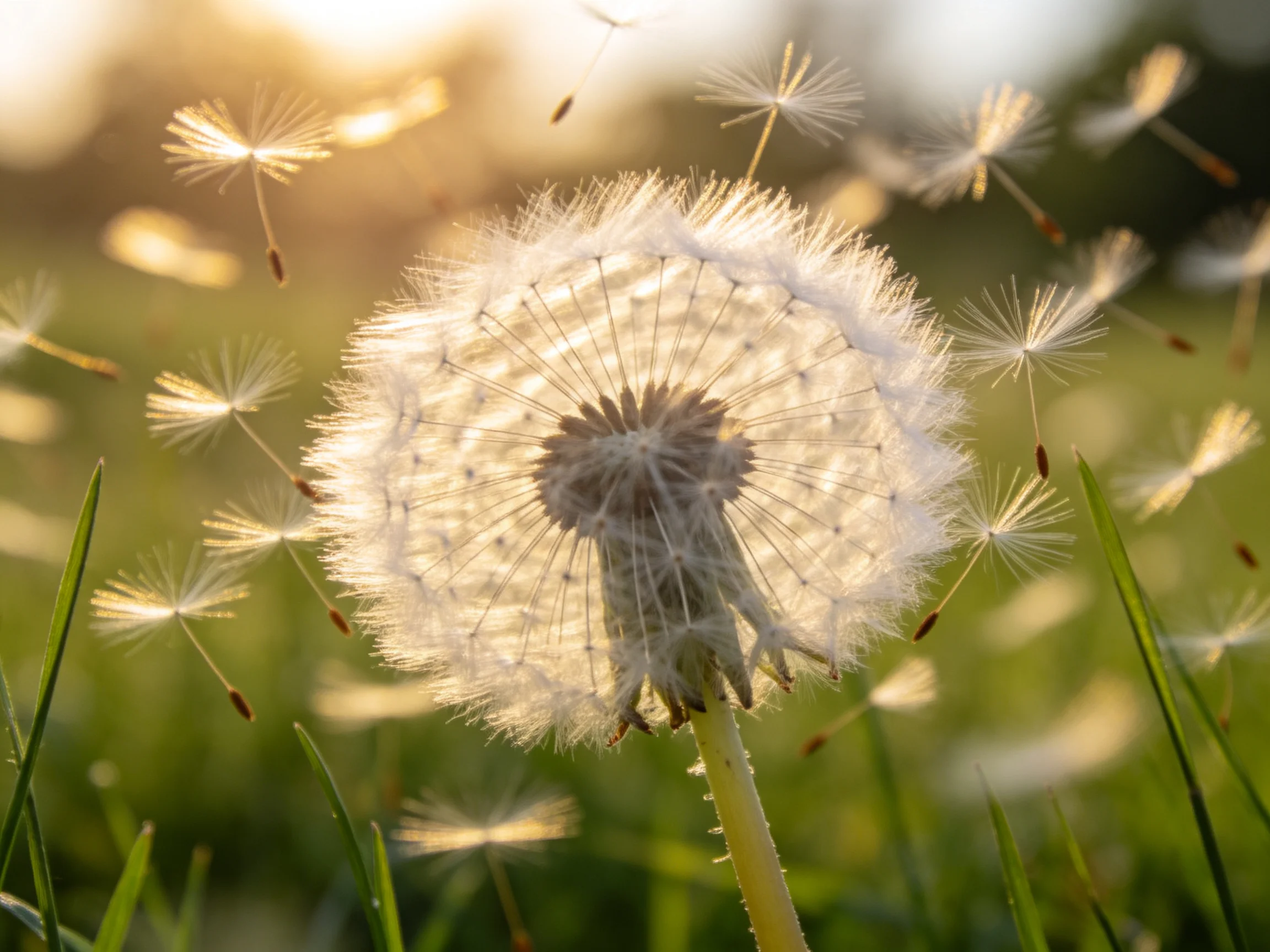 A glowing dandelion seed head with floating filaments in a sunlit meadow