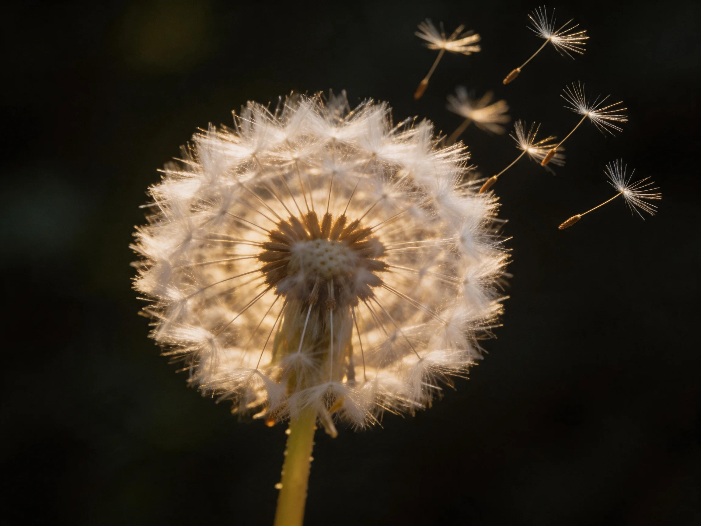 A glowing dandelion seed head with floating seeds against a dark backdrop