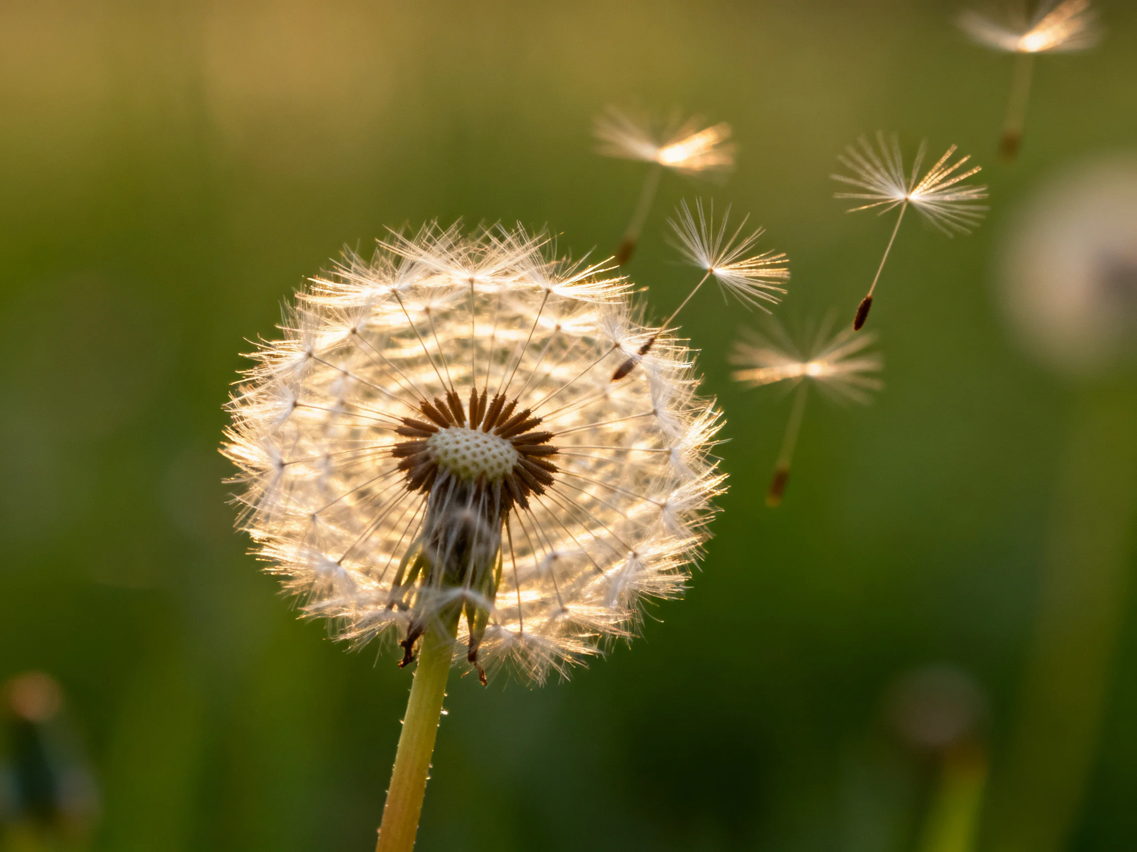 A glowing dandelion seed head with floating seeds against a soft green backdrop