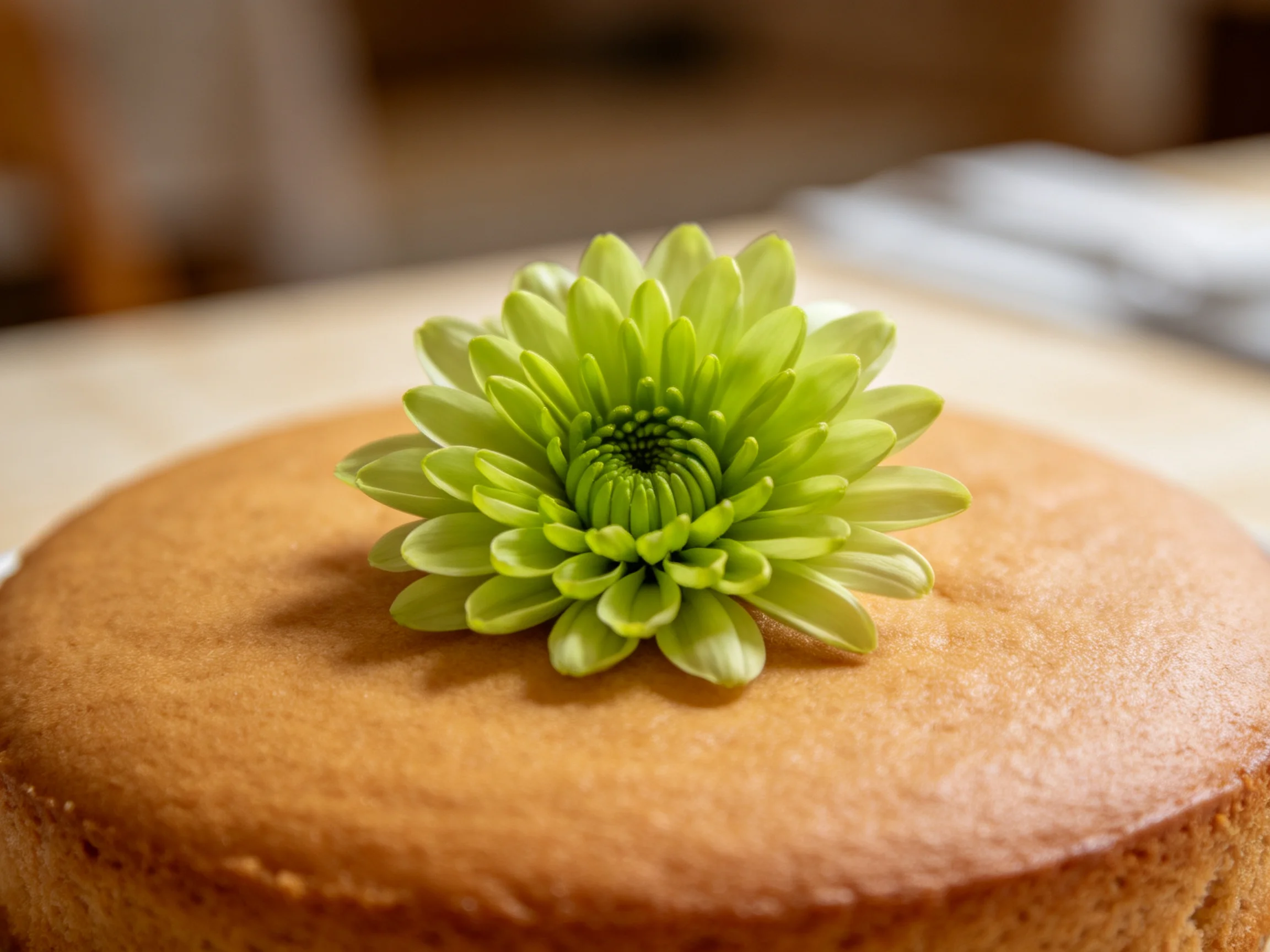 A golden-brown cake topped with a vibrant green chrysanthemum