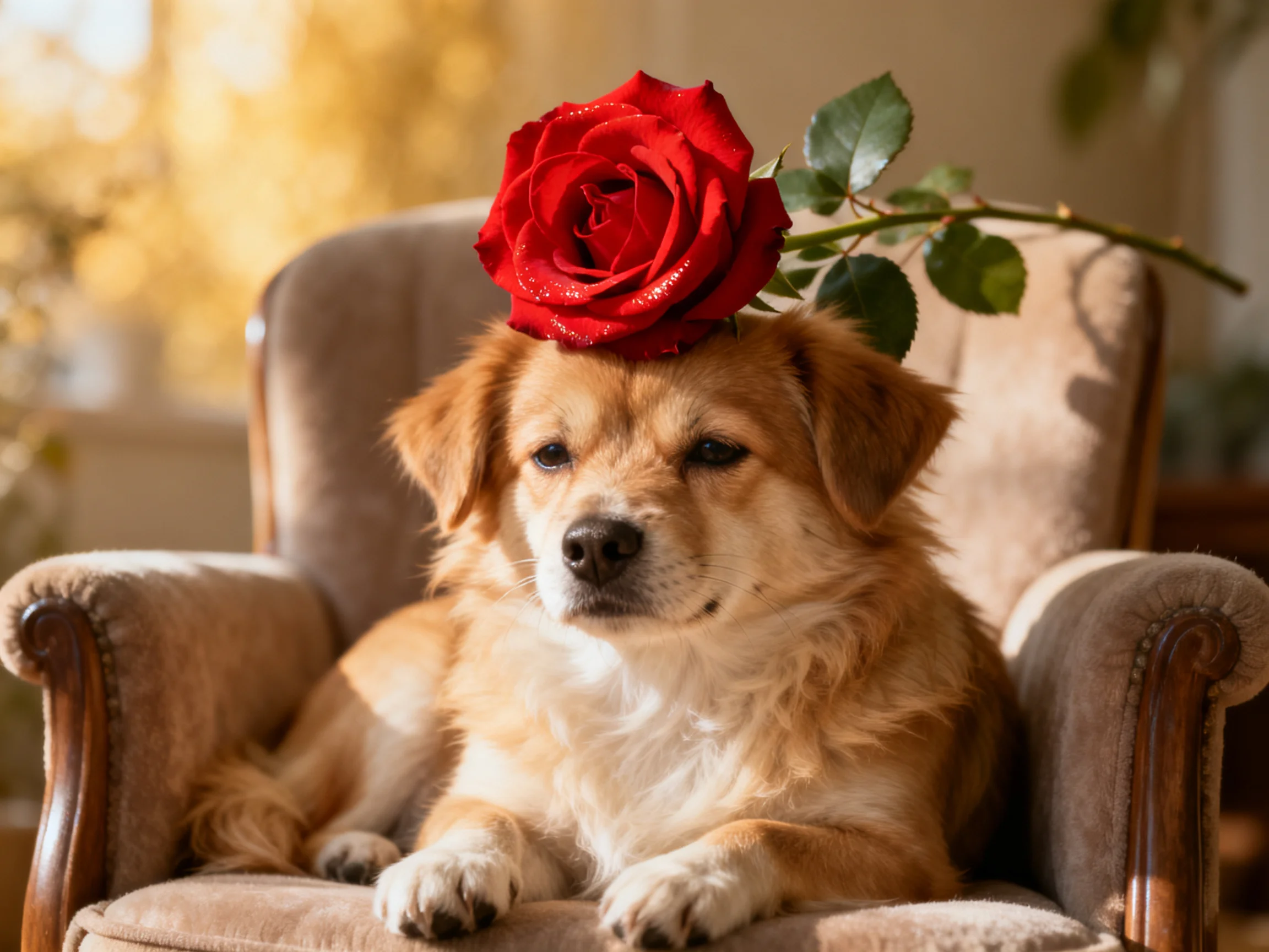 A golden dog rests on a beige chair with a vibrant red rose atop its head