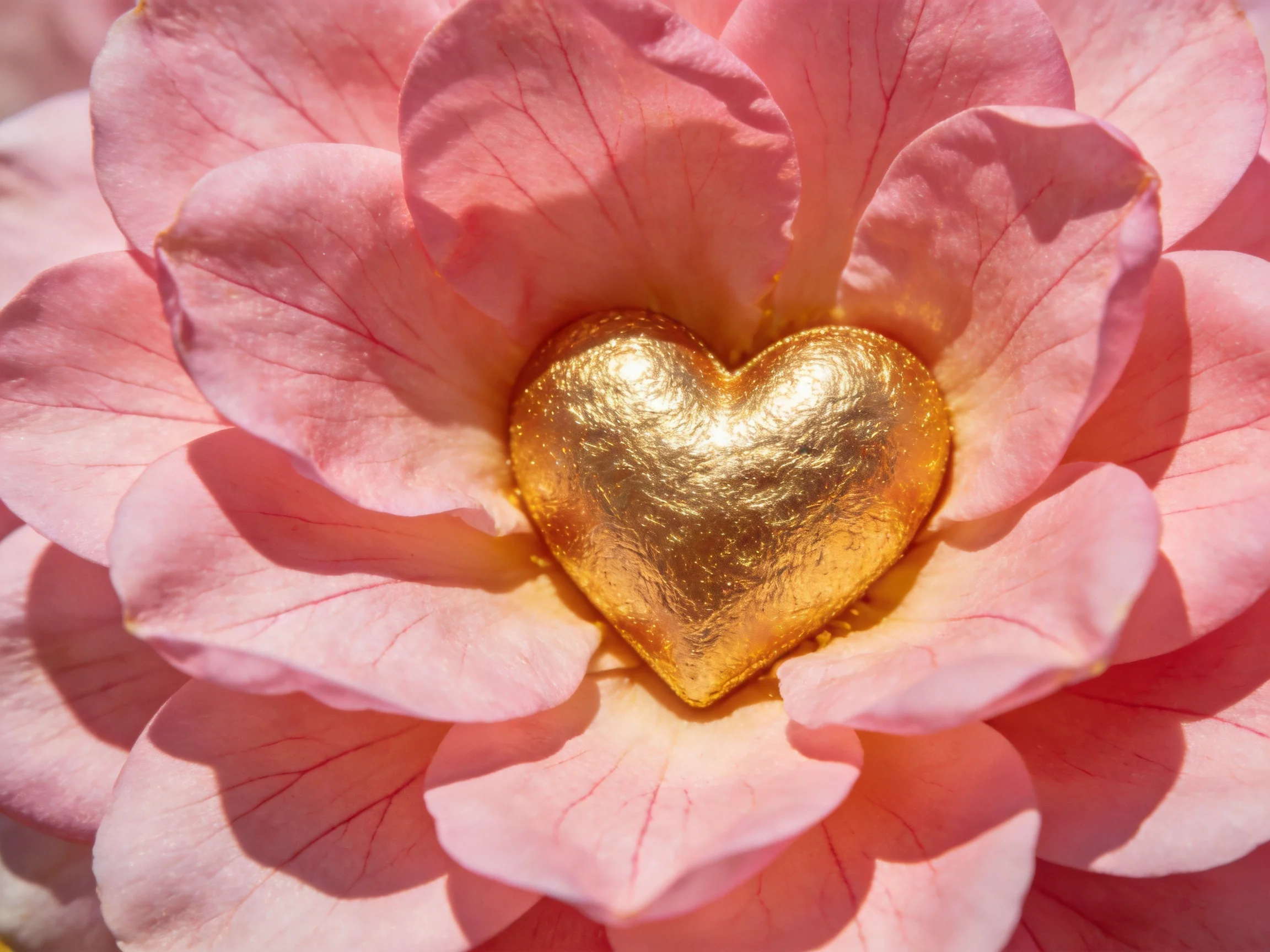 A golden heart nestled amid layered pink rose petals