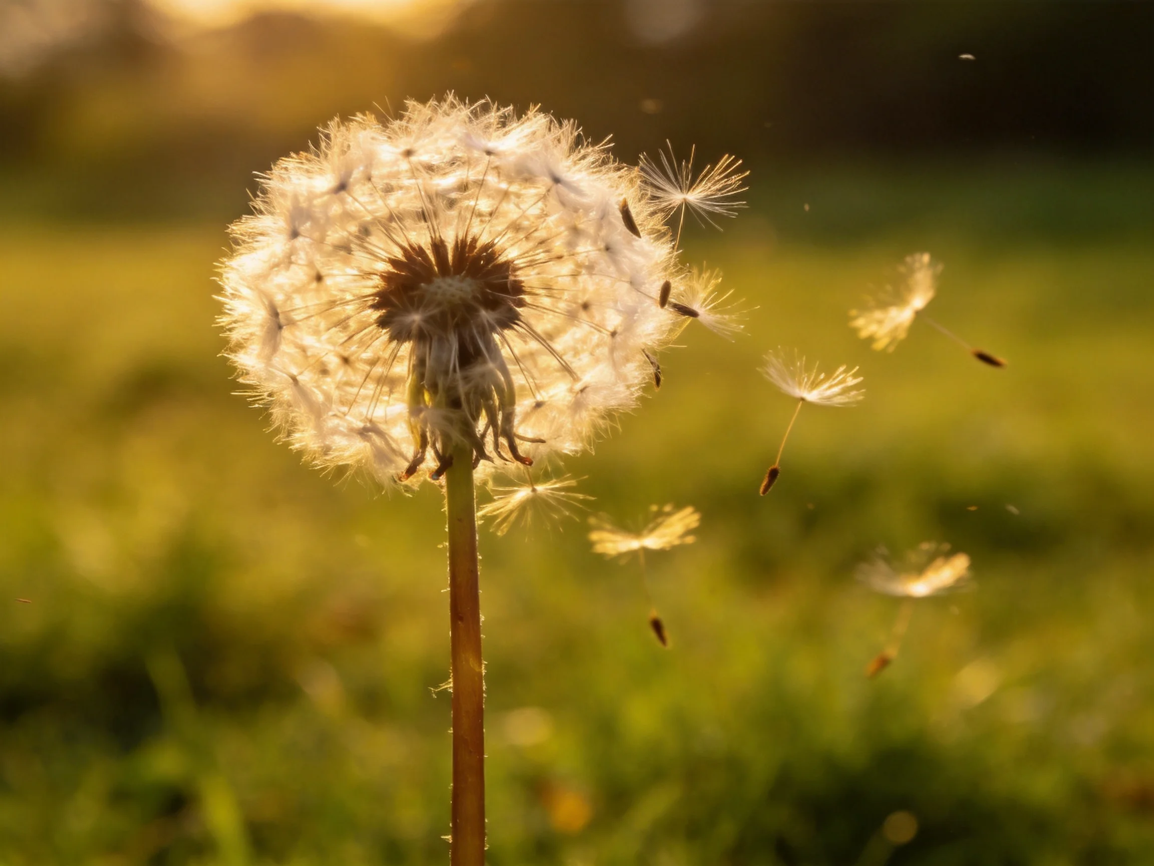 A golden-hued dandelion with floating seeds in a sunlit meadow