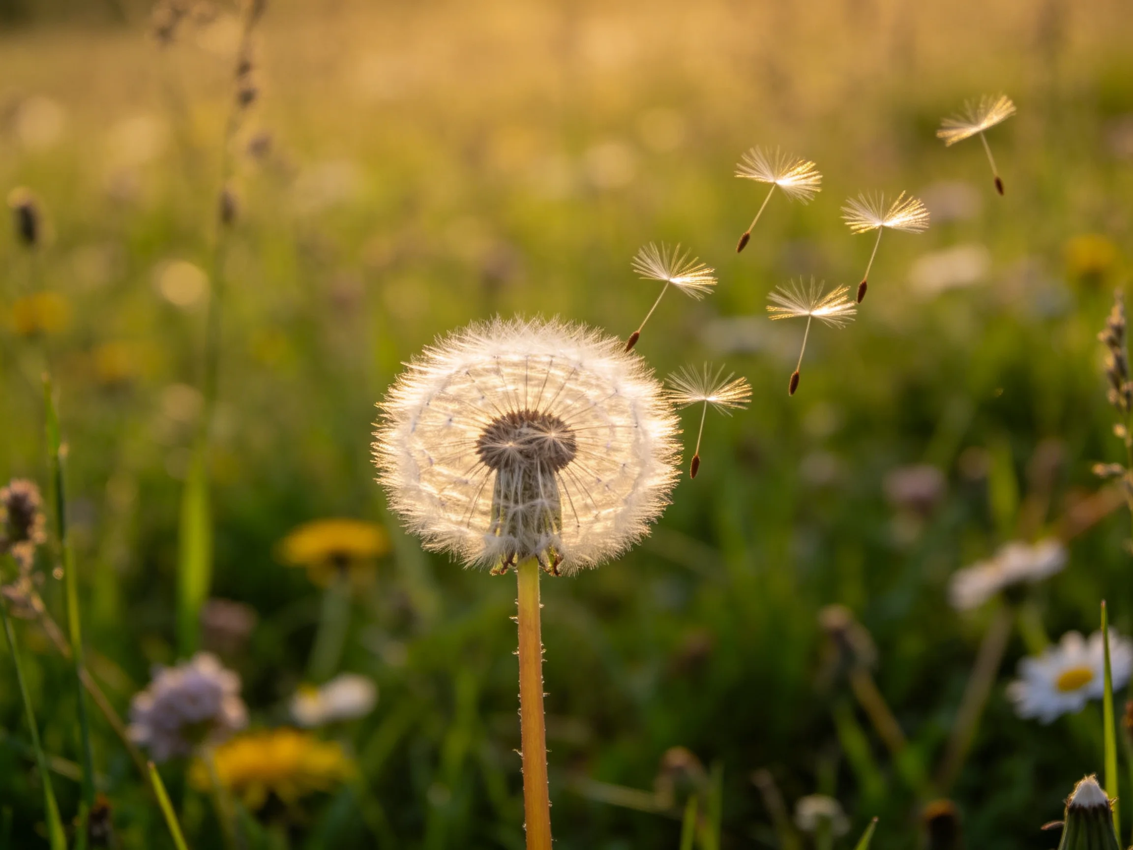 A golden-hued meadow with a dandelion releasing delicate white seeds
