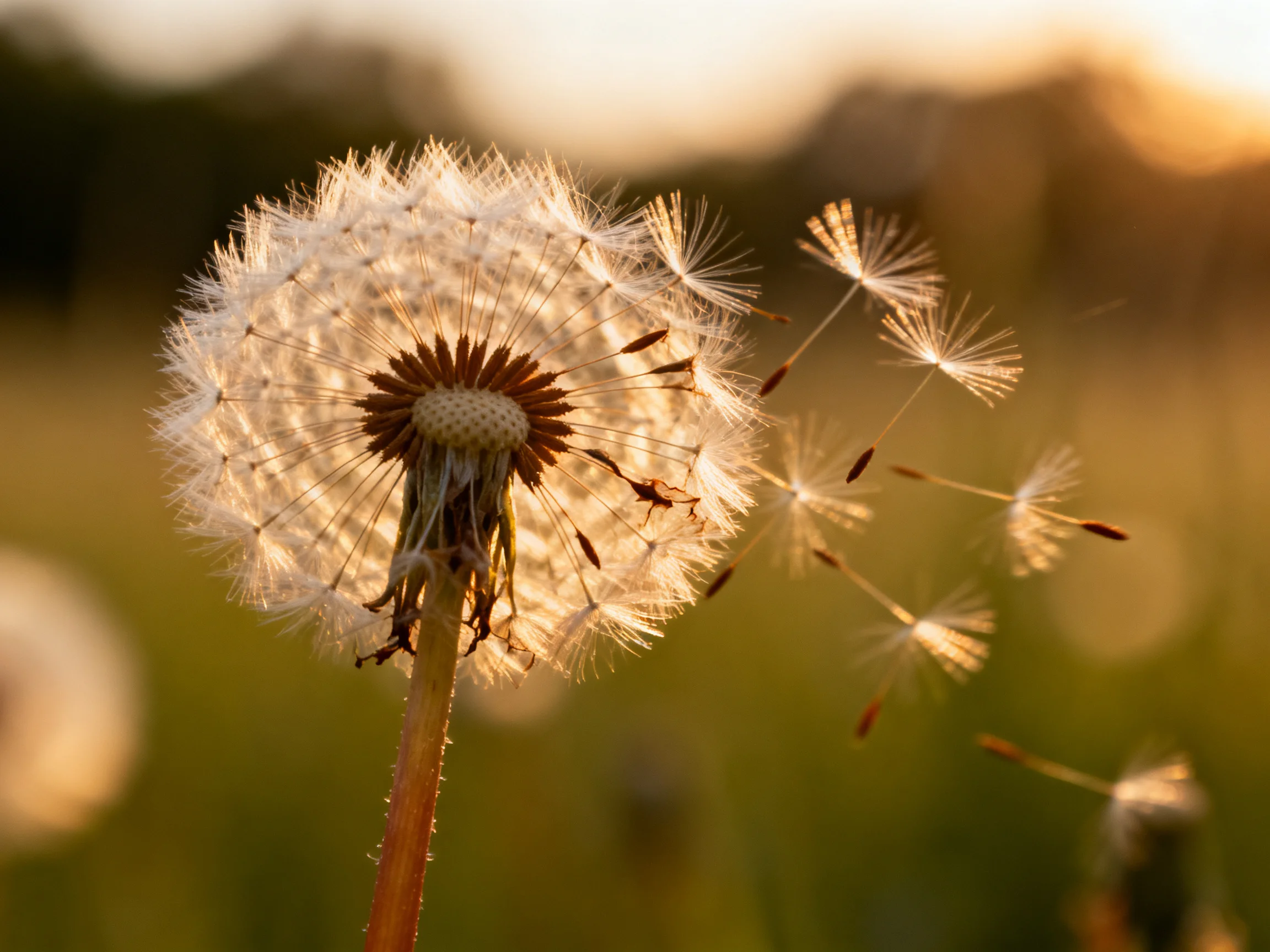 A golden-lit dandelion seed head with floating seeds