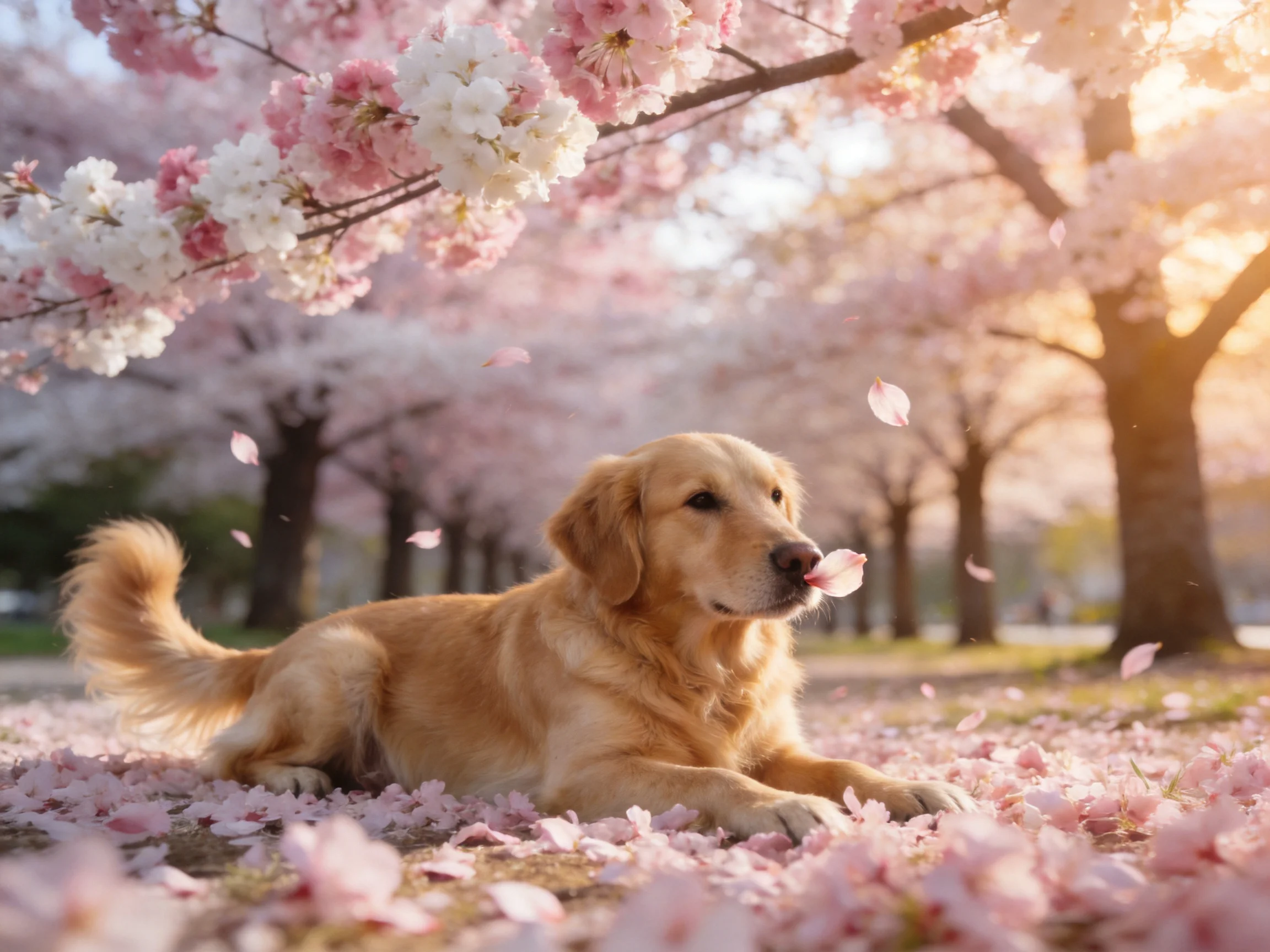A golden retriever rests among cherry blossom petals in a sunlit park