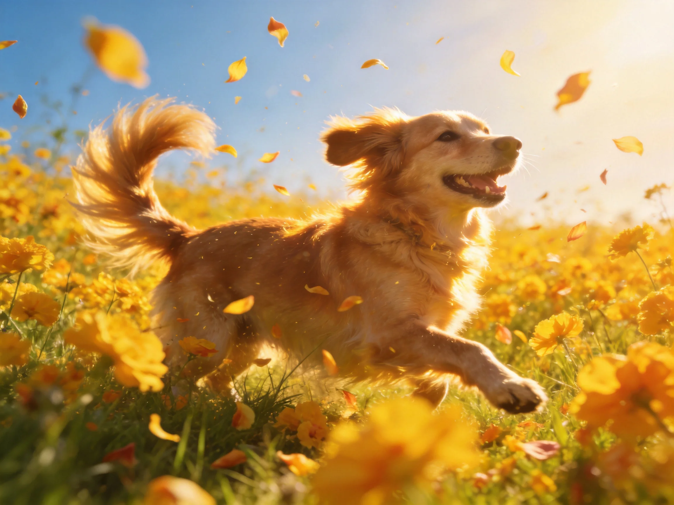A golden retriever running through a vibrant yellow flower field under bright sunlight