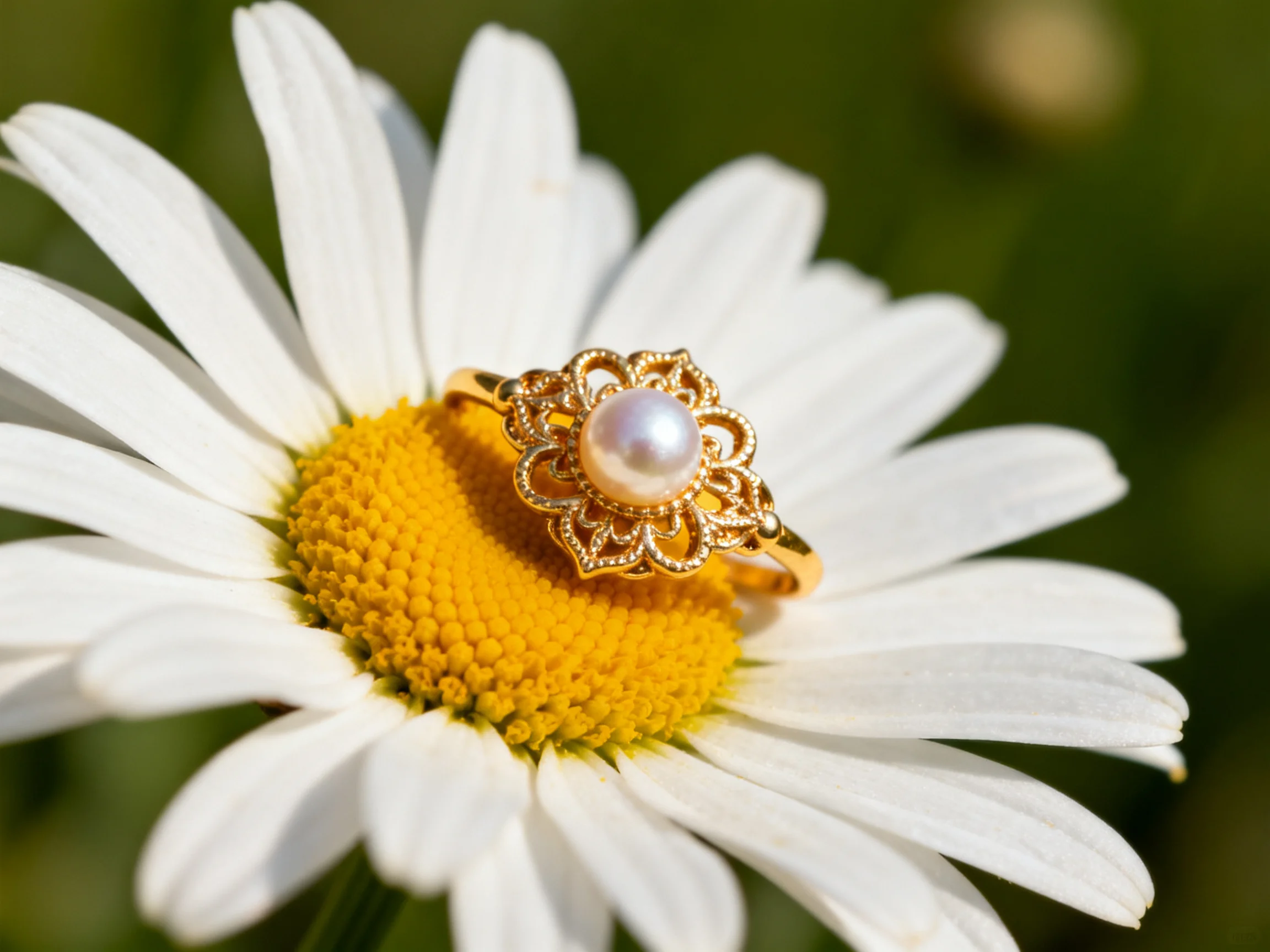 A golden ring with a pearl adorns a white daisy flower