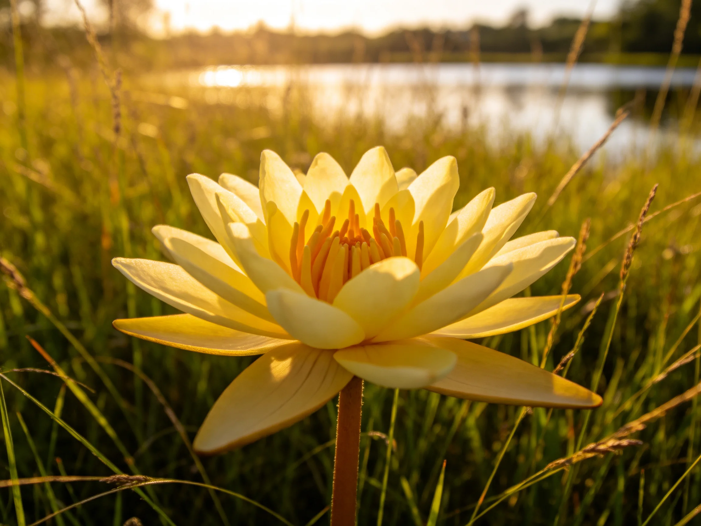 A golden water lily blooms amid tall green grasses by a calm lake
