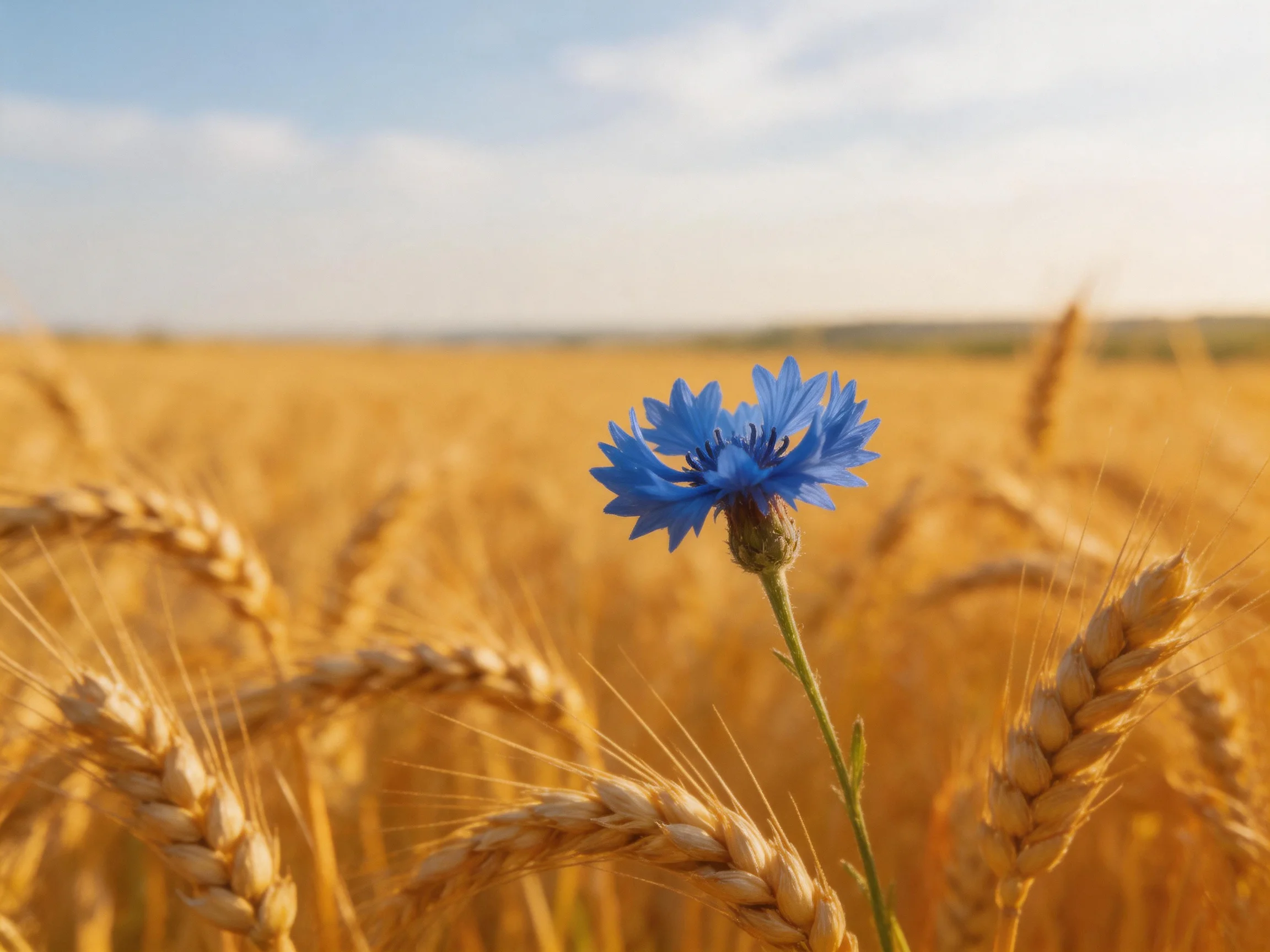 A golden wheat field with a vibrant blue cornflower