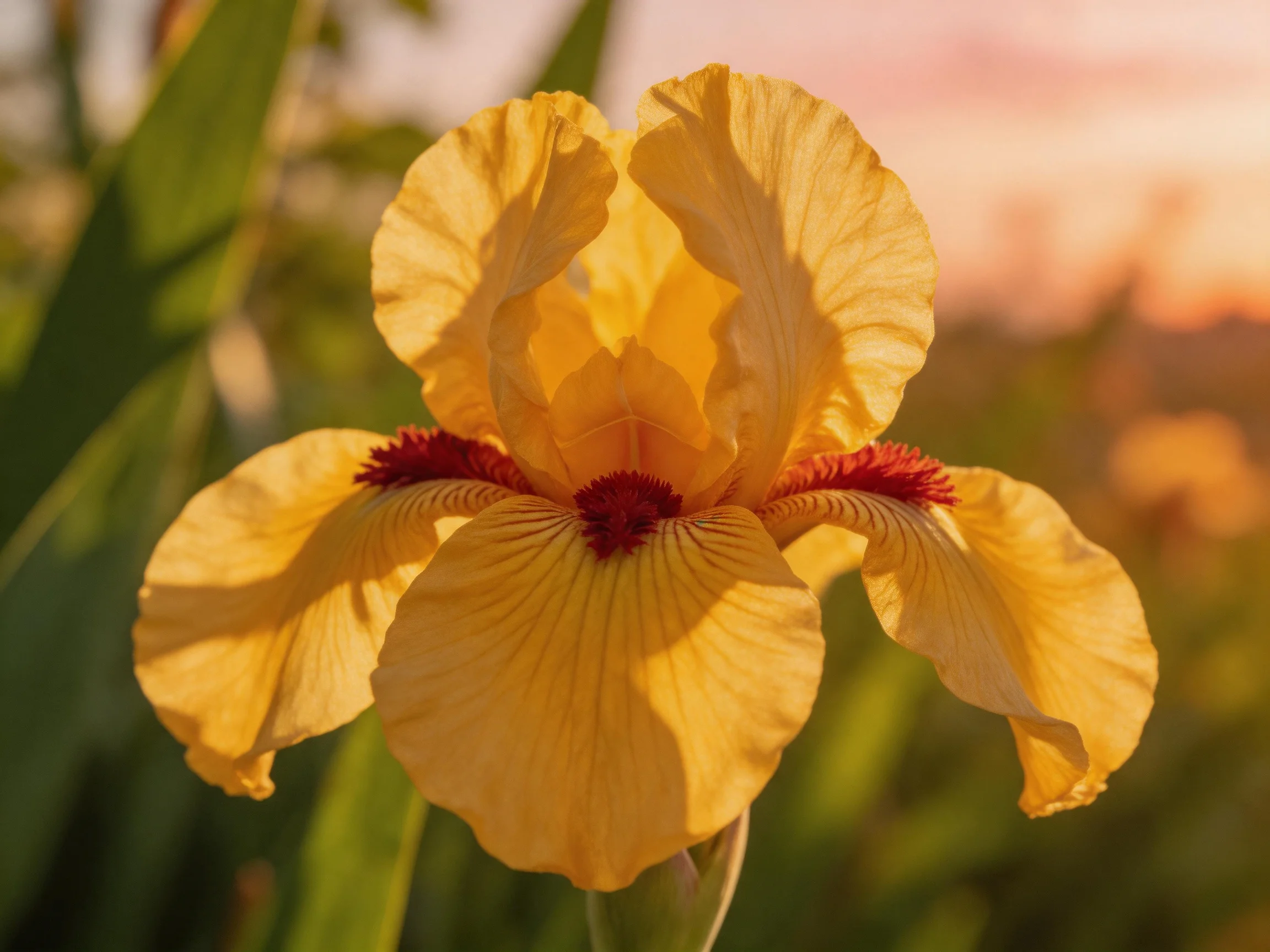 A golden-yellow iris blooms with red centers amid green foliage