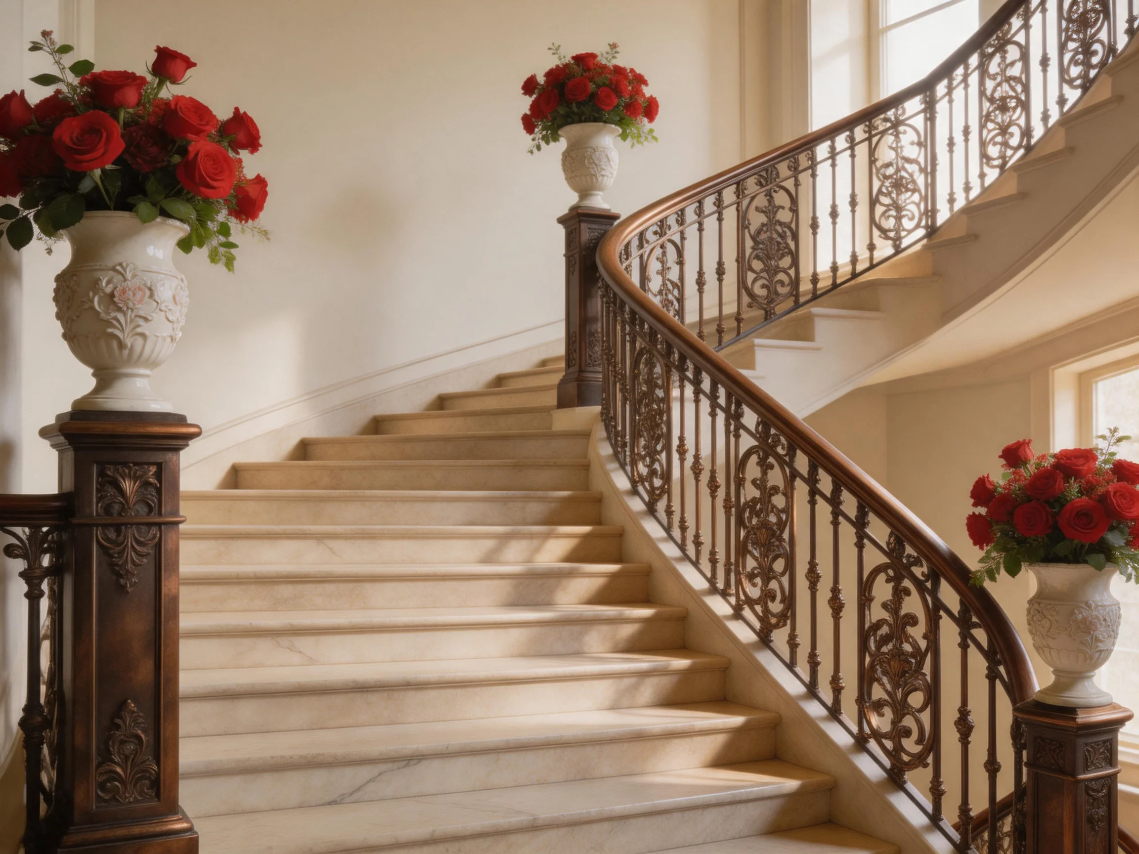 A grand curved staircase adorned with three large red flower arrangements
