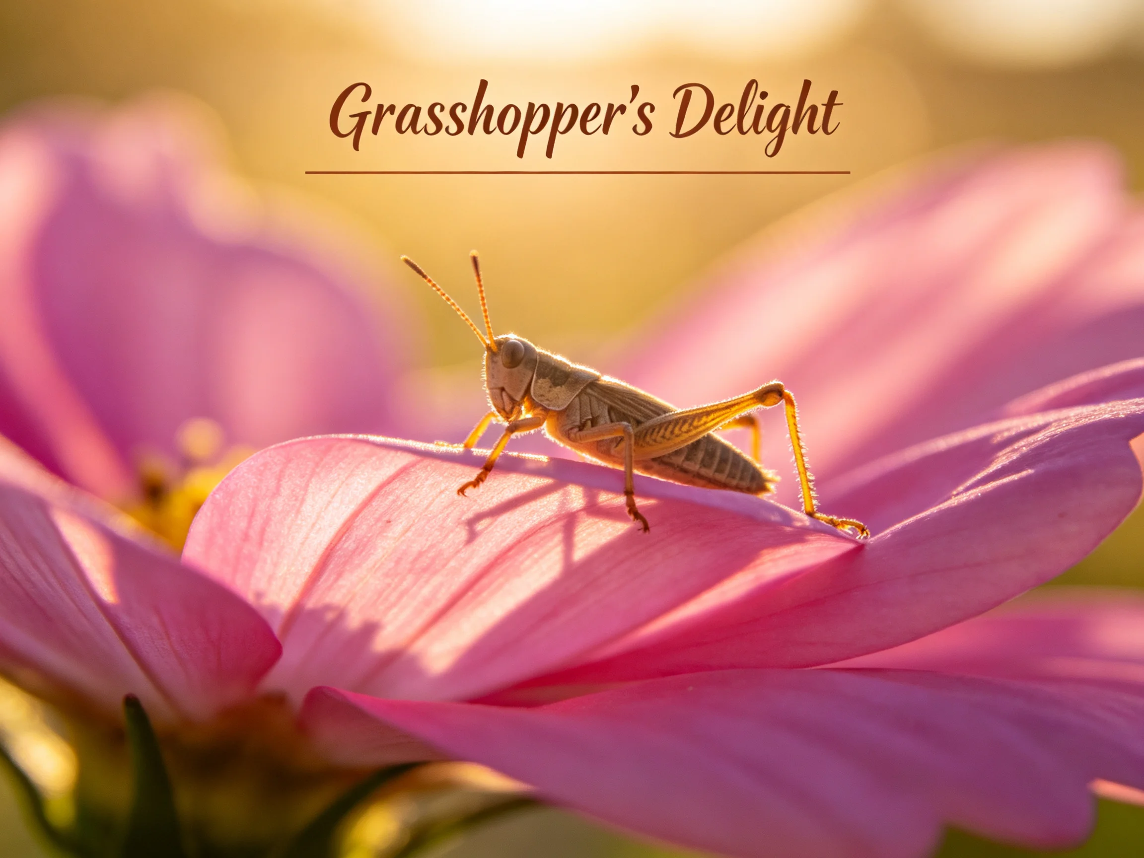 A grasshopper sits atop a large pink flower with soft golden lighting