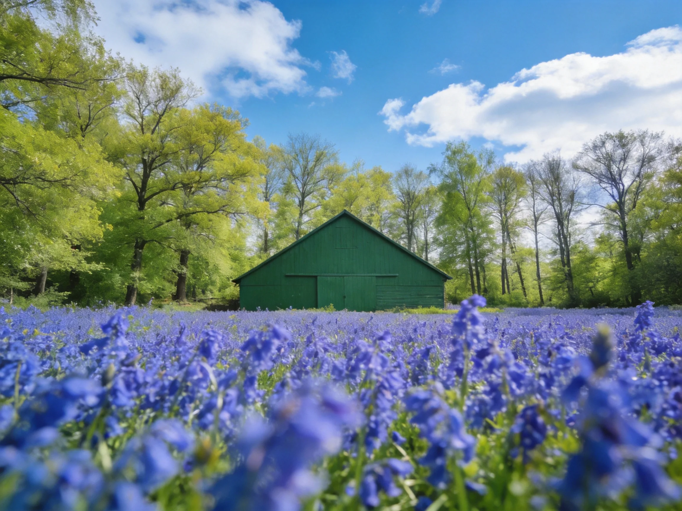 A green barn amidst vibrant purple wildflowers and lush trees