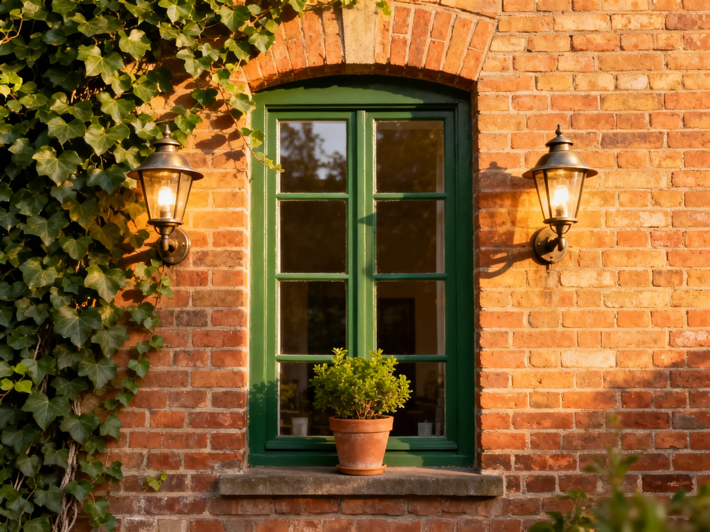 A green-framed window in an aged brick wall with climbing ivy and vintage lanterns